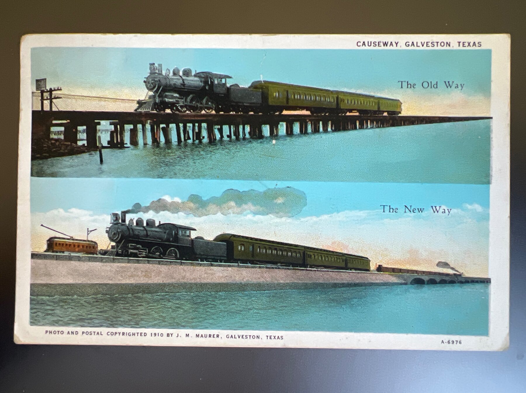 Causeway Galveston Texas Old New Way Railroad Train Maurer Postcard 1932