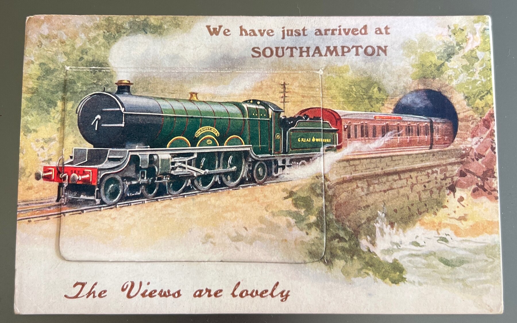 Postcard c1910 Southampton England Pull-Out Train Cover Jay Em Jay Novelty Series