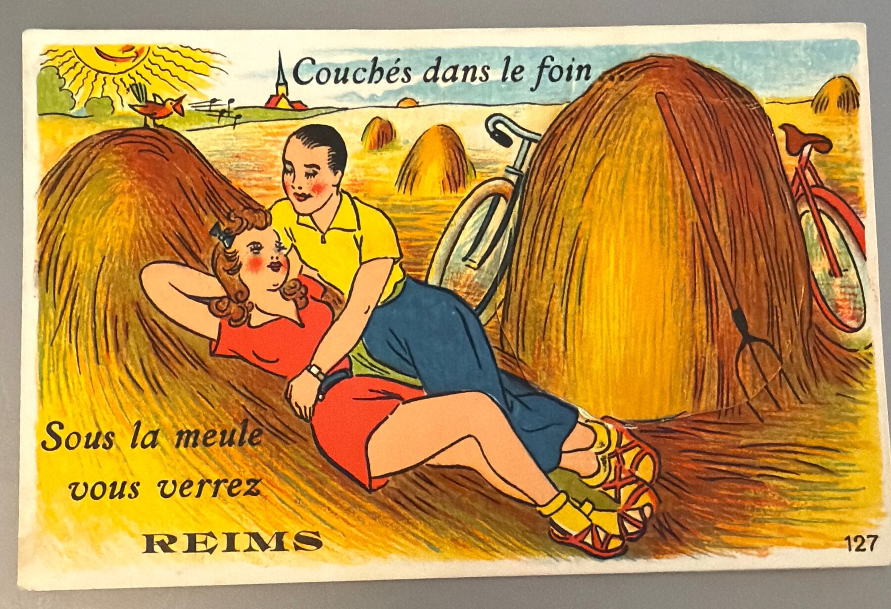 Reims France Novelty Pull-Out Postcard "Couchés dans le foin" Editions Gaby