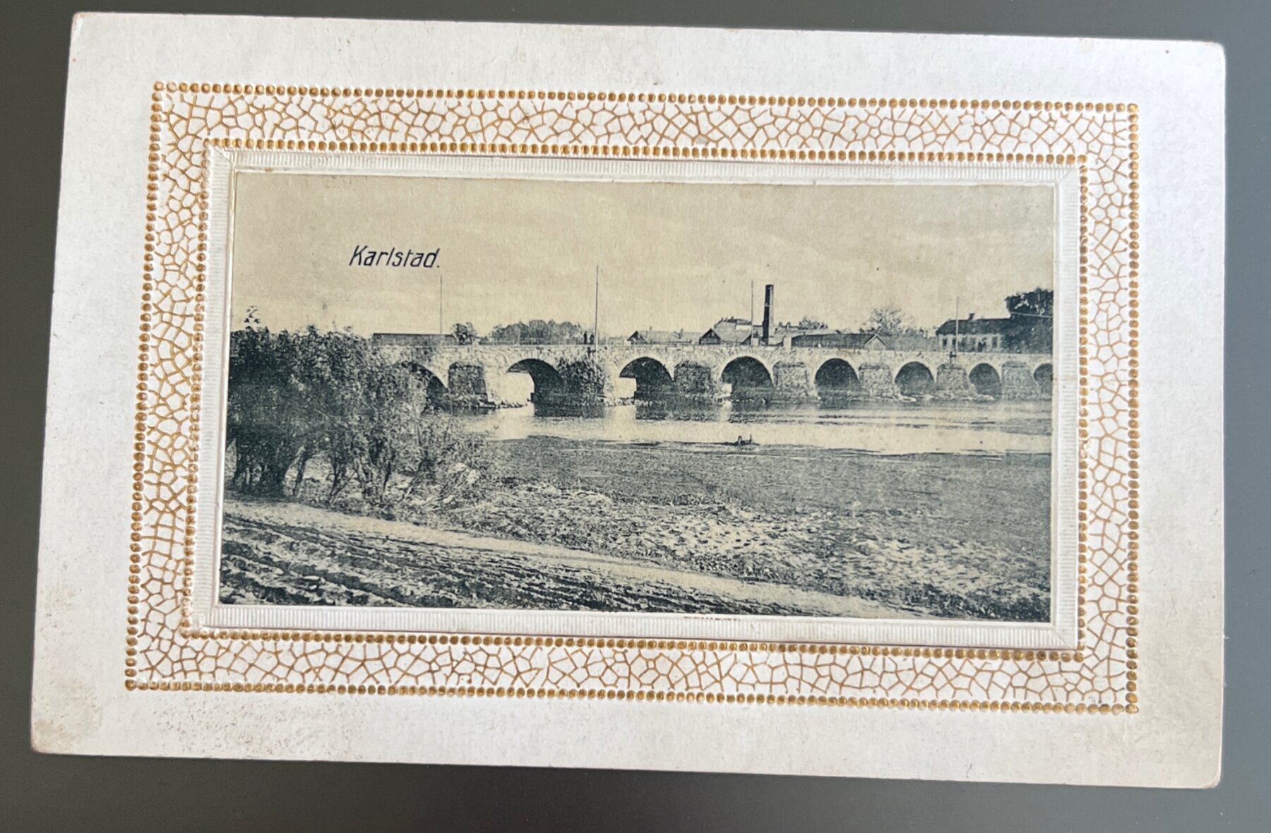 Postcard 1921 Karlstad Sweden Bridge View Embossed Gold Sent Per to Marbacken