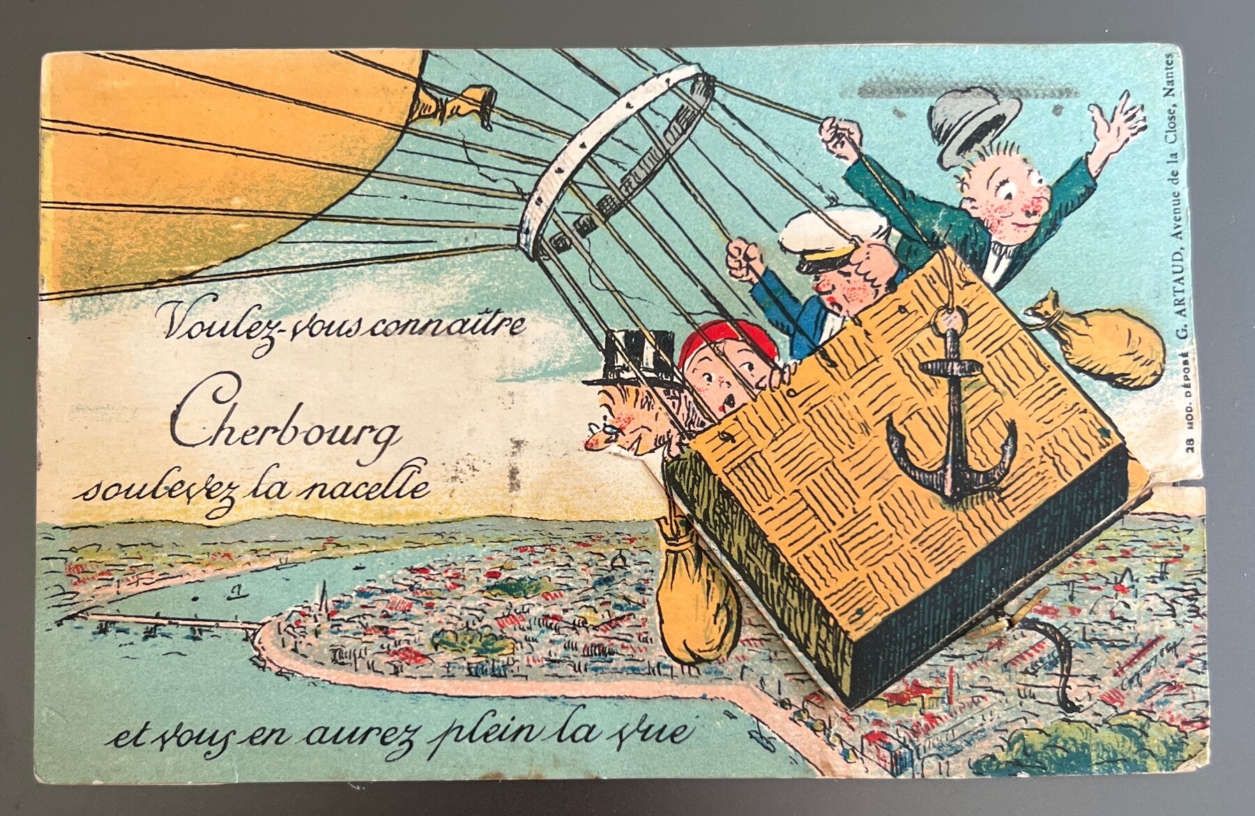 Postcard 1930 Cherbourg France Pull-Out Balloon Nacelle Novelty Mailed Brooklyn NY