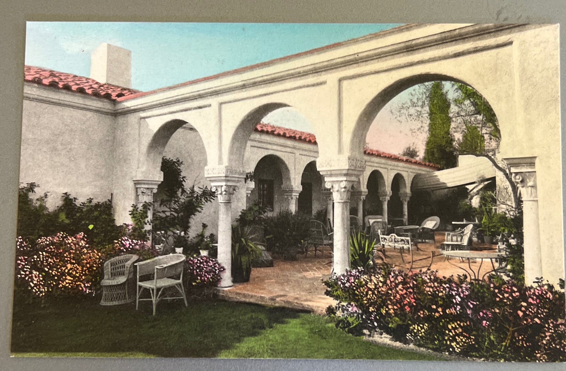 Postcard E.P. Gavit Residence Patio Montecito Santa Barbara CA Hand Colored