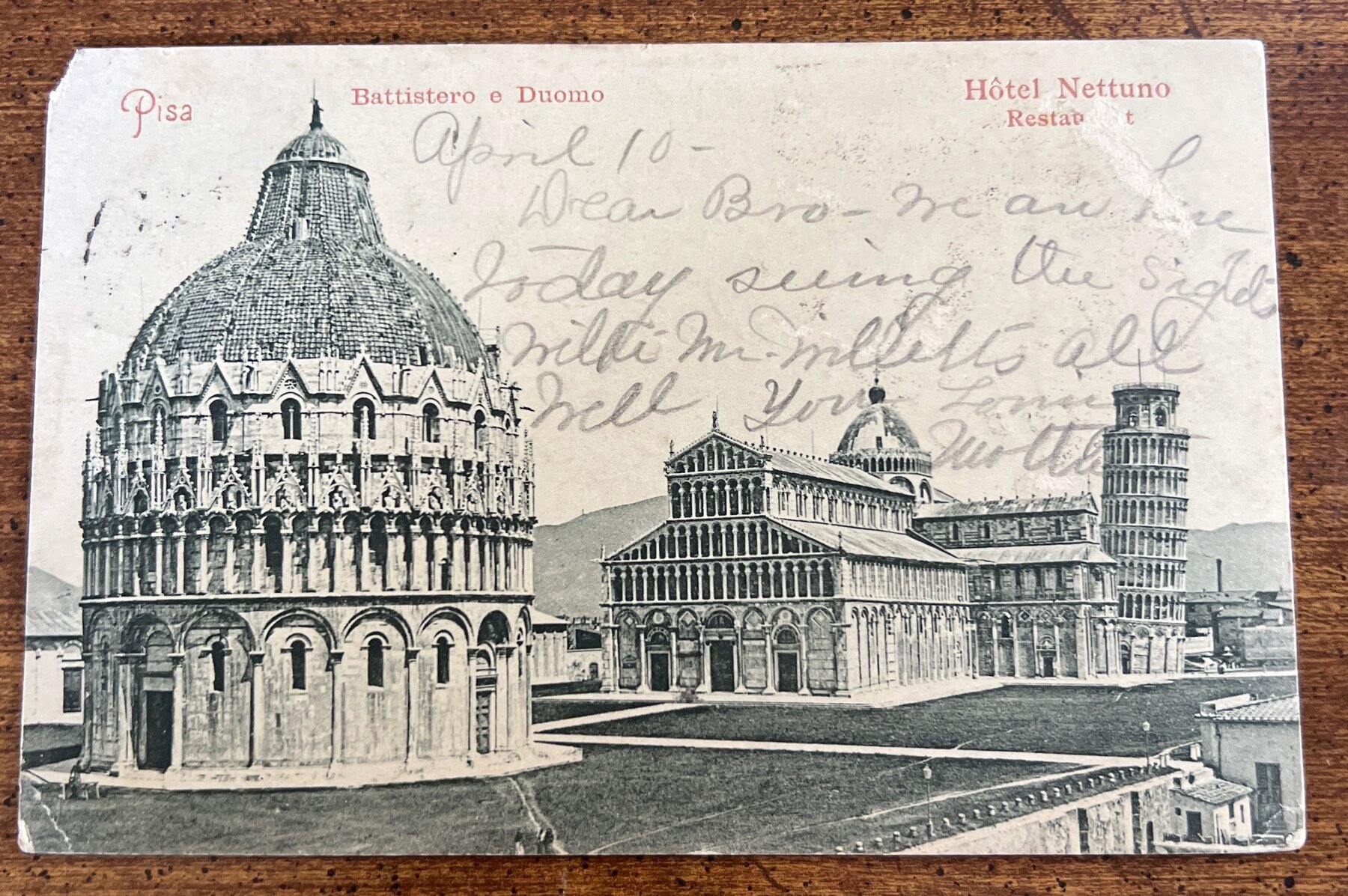 Postcard 1903 Pisa Italy Battistero Duomo Leaning Tower RPPC Hotel Nettuno
