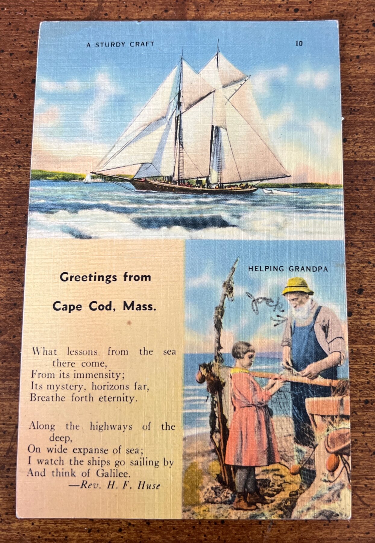Postcard 1945 Cape Cod Mass Linen Greetings Sailboat Helping Grandpa Barnstable