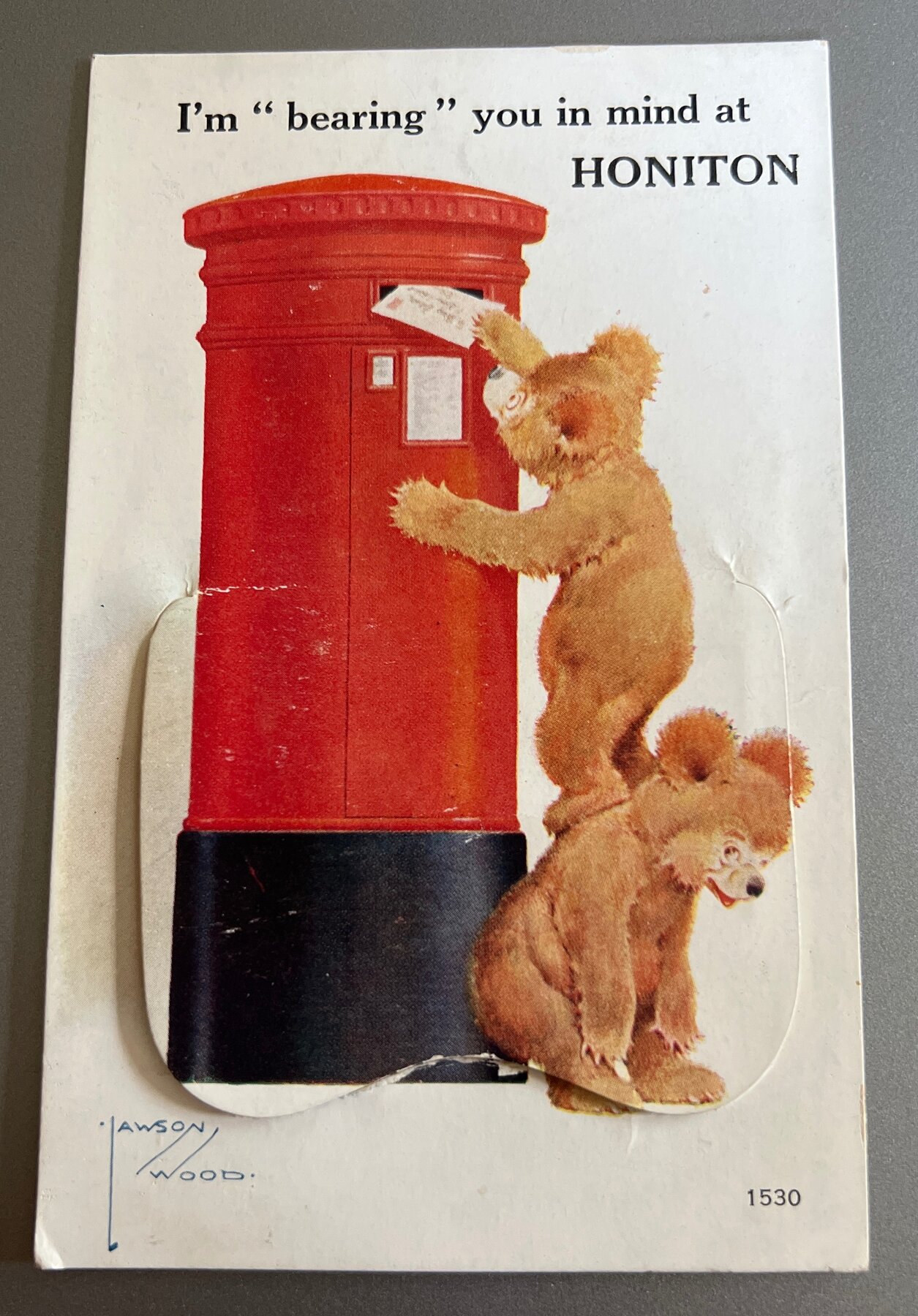 Postcard Honiton Devon England Novelty Pull-Out Lawson Wood Bears 1930s