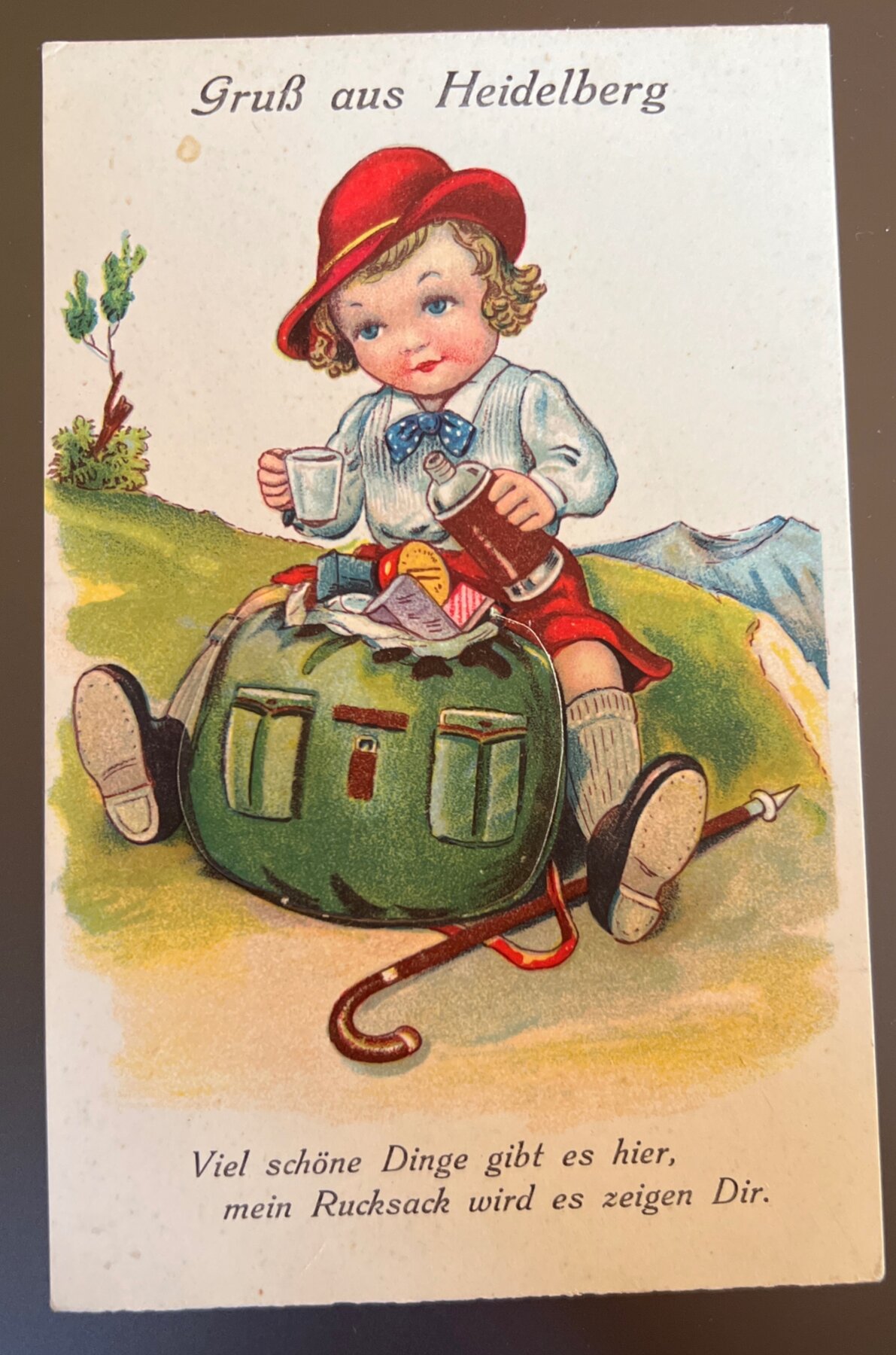 Postcard 1925 Heidelberg Germany Gruss Novelty Child Rucksack Pull-Out Views