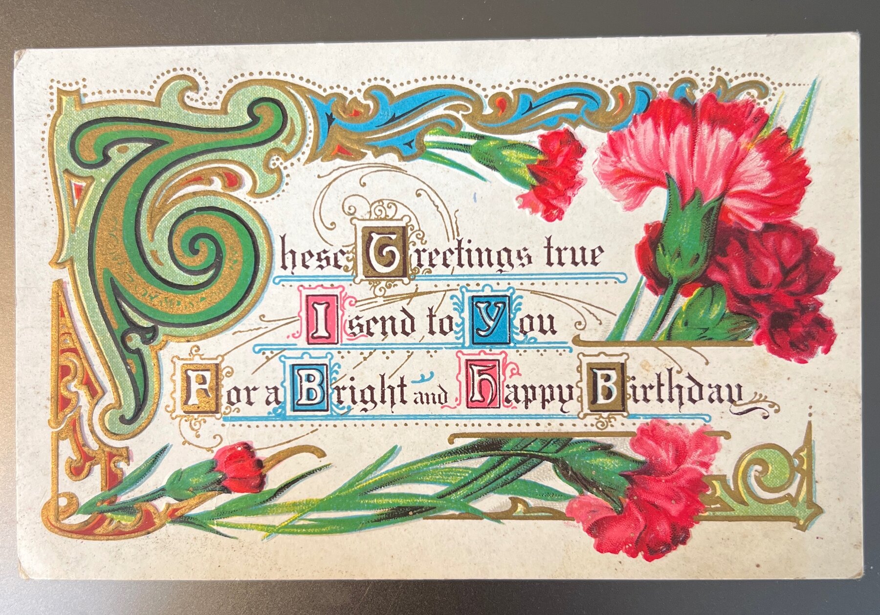 Birthday Greetings Carnations Embossed Art Nouveau Postcard 1910
