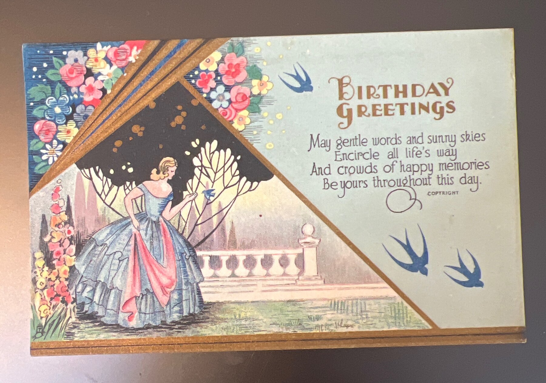 Birthday Greetings Art Deco Lady Bird Raphael Tuck Postcard 1933