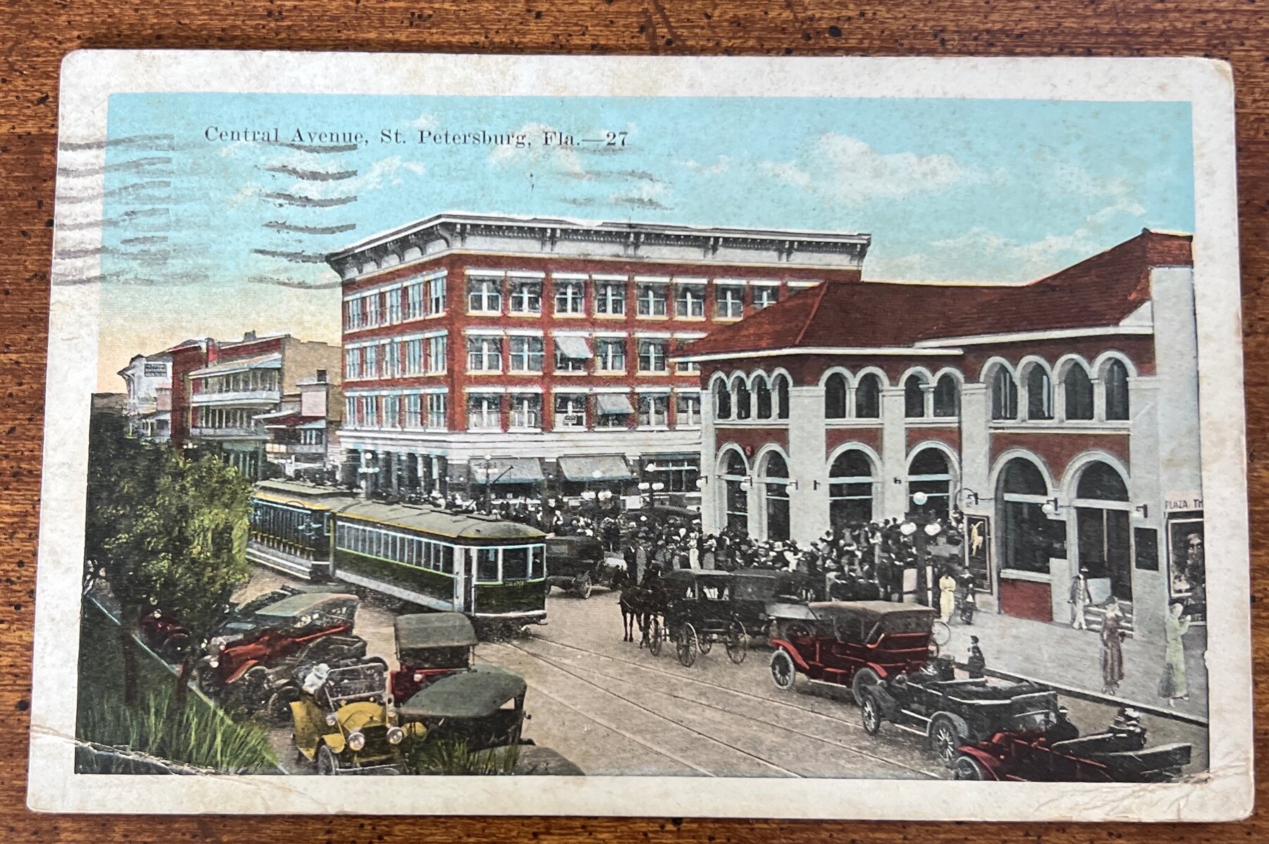 Postcard 1921 Central Avenue St. Petersburg Florida Streetcar Scene Linen