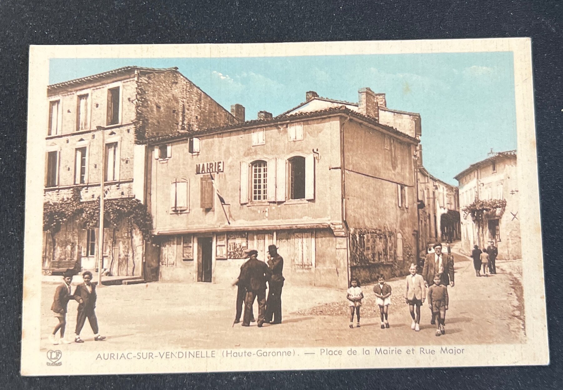 Postcard 1940s RPPC Auriac-sur-Vendinelle France Mairie Village Square