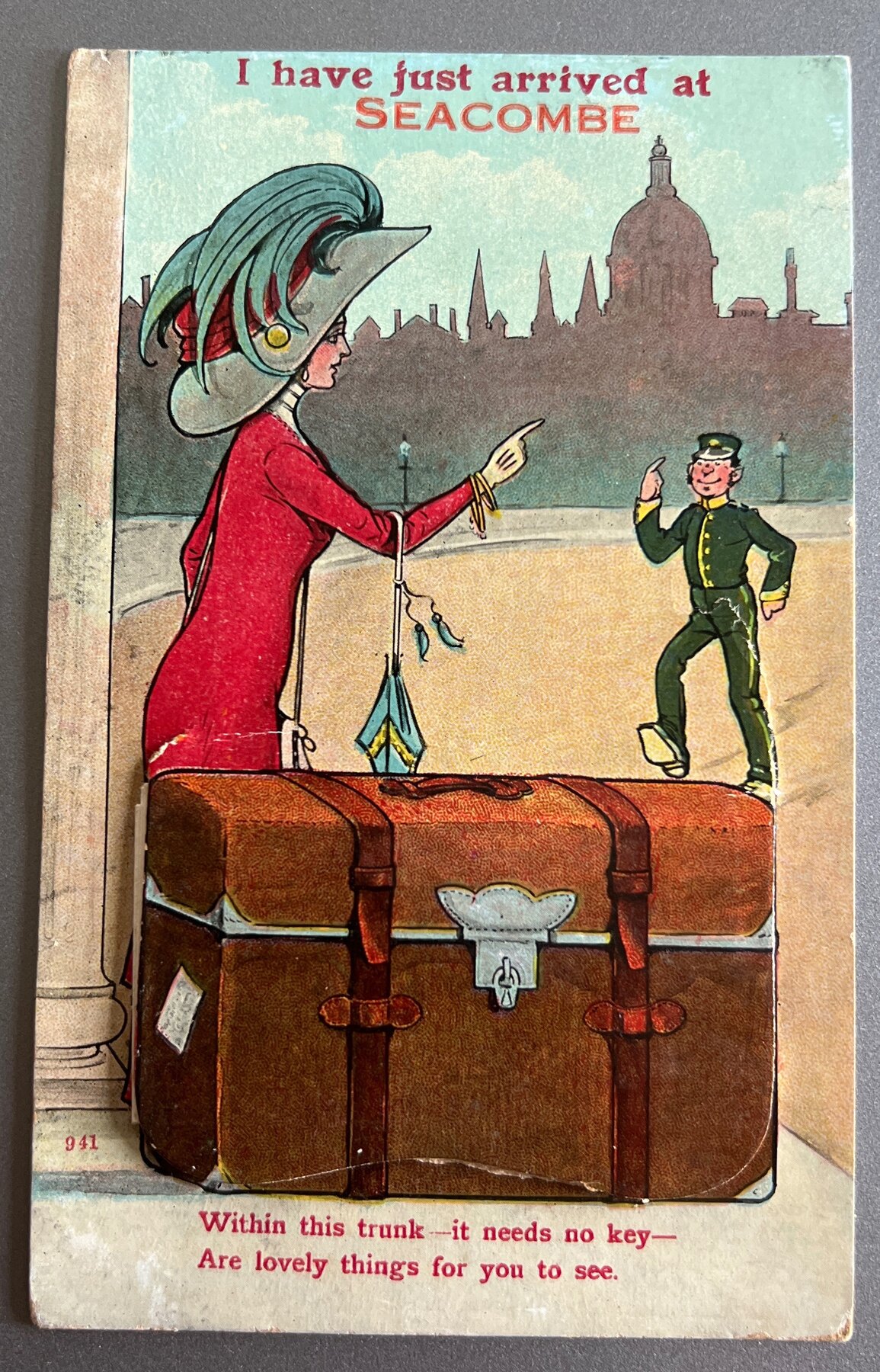 Postcard c1910 Seacombe England Novelty Trunk Pull-Out Valentine & Sons Mailed