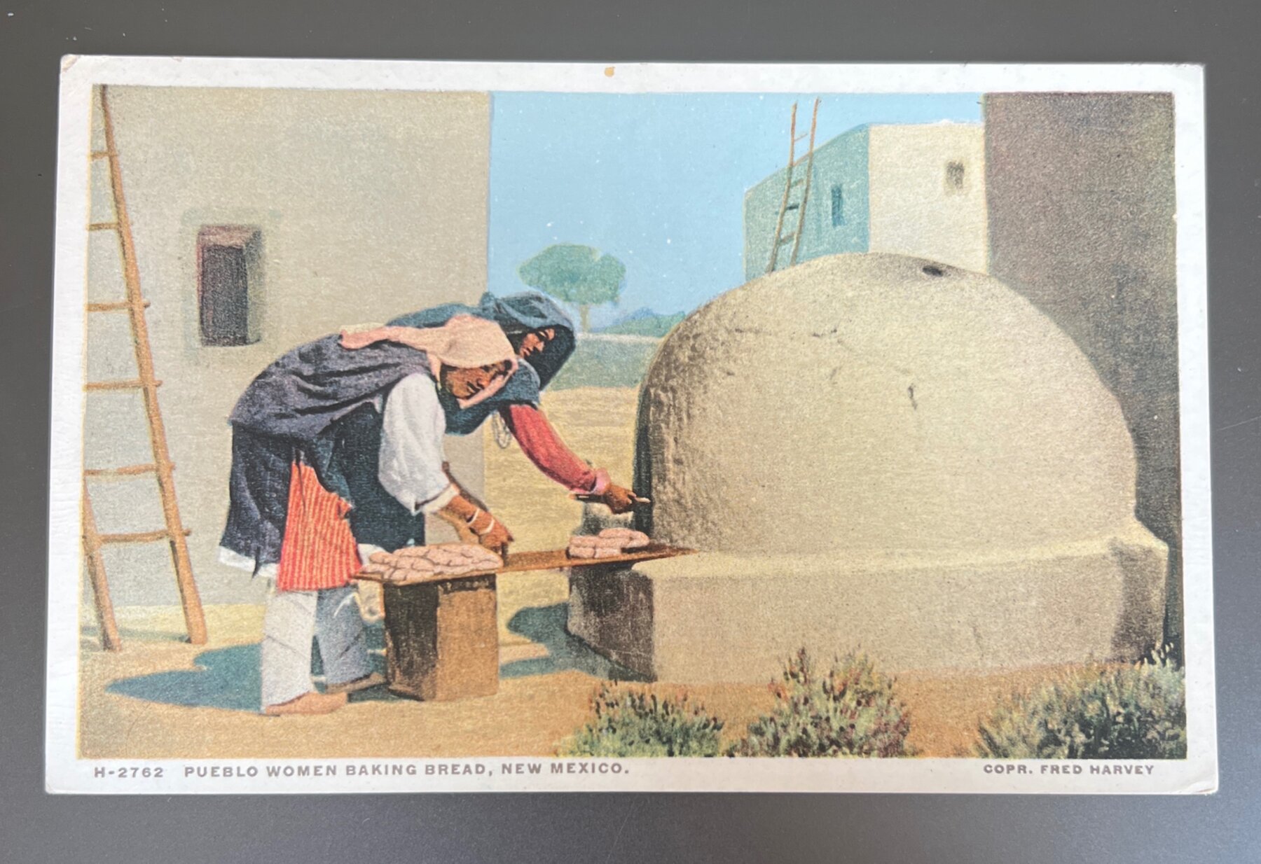Pueblo Women Baking Bread New Mexico Fred Harvey Phostint Postcard c1915