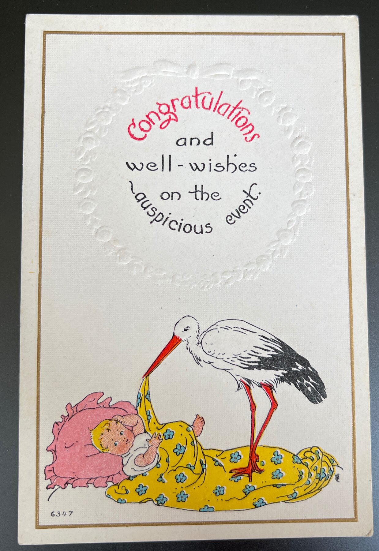 Postcard 1920s Embossed Baby Stork Congratulations New Birth Bergman Quality Unused