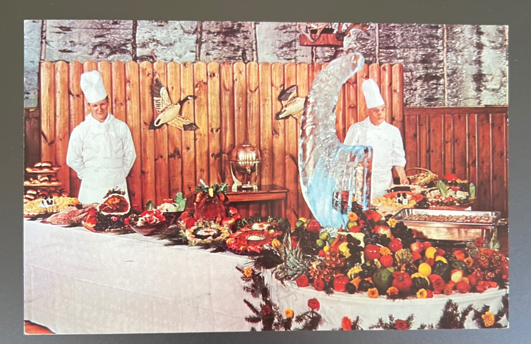 Postcard 1959 Chrome Severance Lodge Kezar Lake Maine Sunday Buffet Chefs
