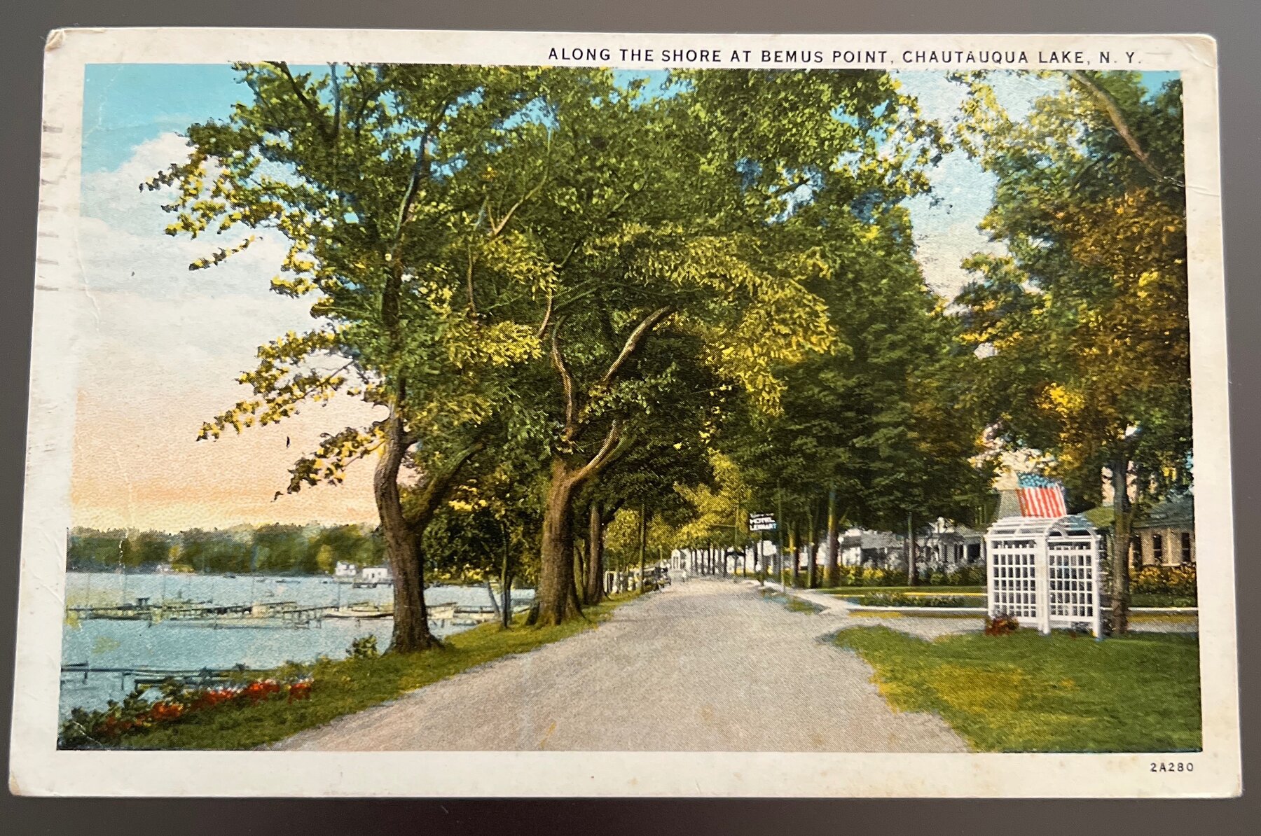 Postcard 1936 Linen Along Shore Bemus Point Chautauqua Lake NY American Flag