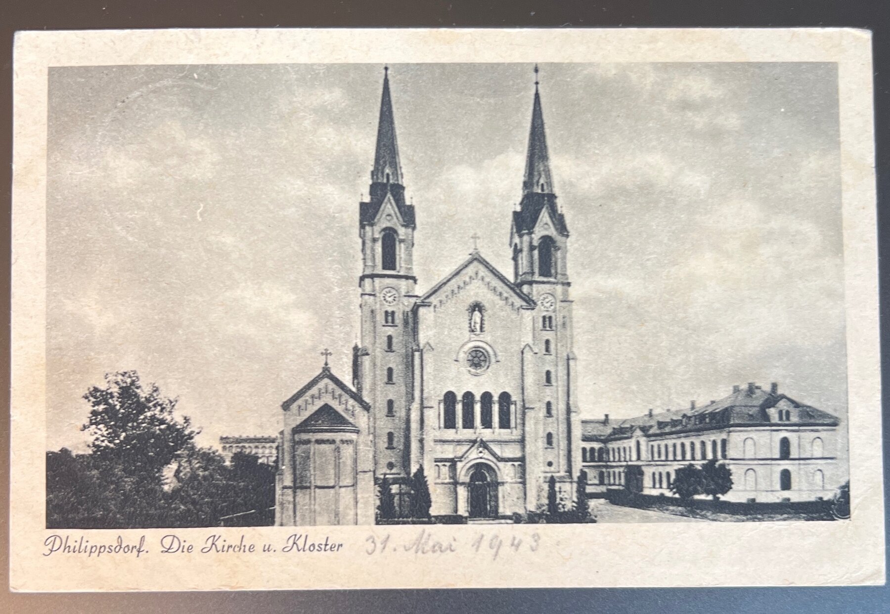 Postcard 1943 Philippsdorf Sudetenland Church Kloster WWII German Reich Stamp