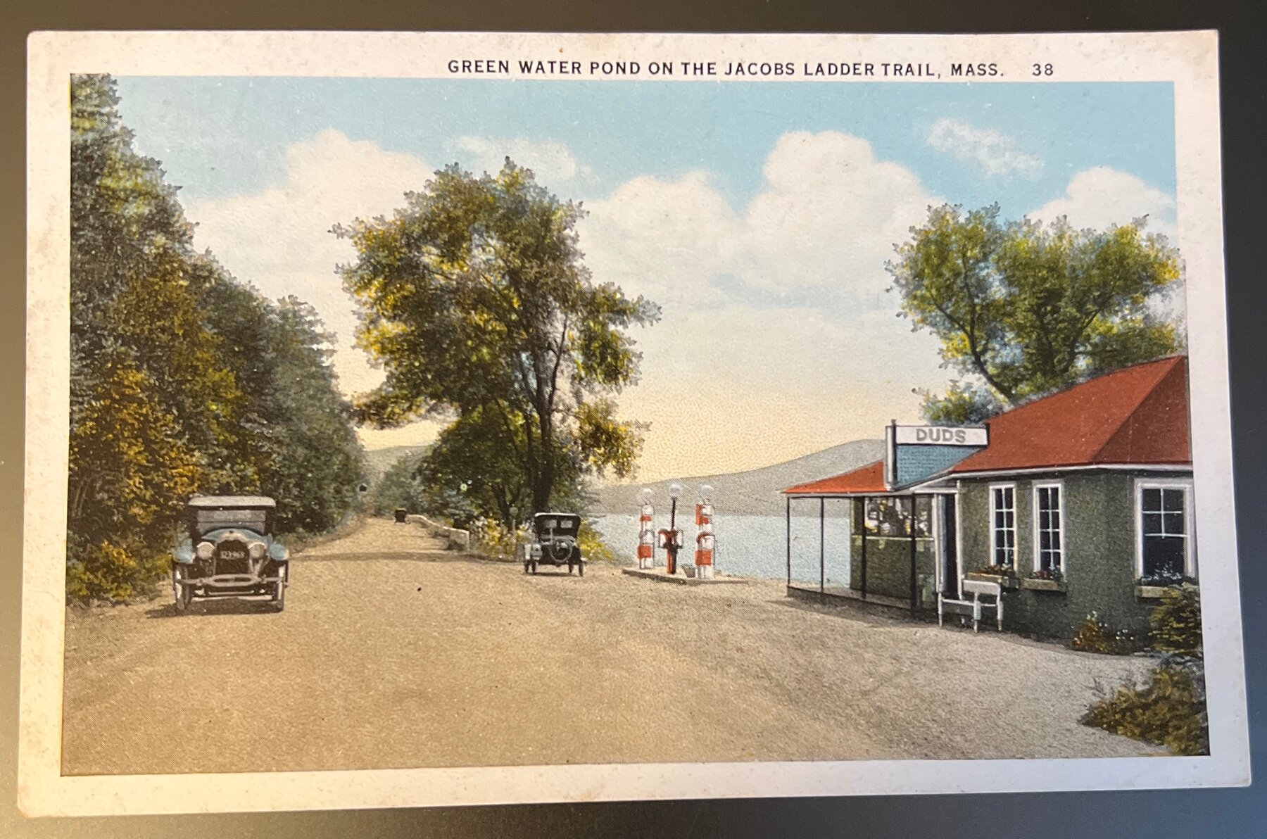 Postcard 1920s Duds Gas Station Green Water Pond Jacobs Ladder Trail MA Linen