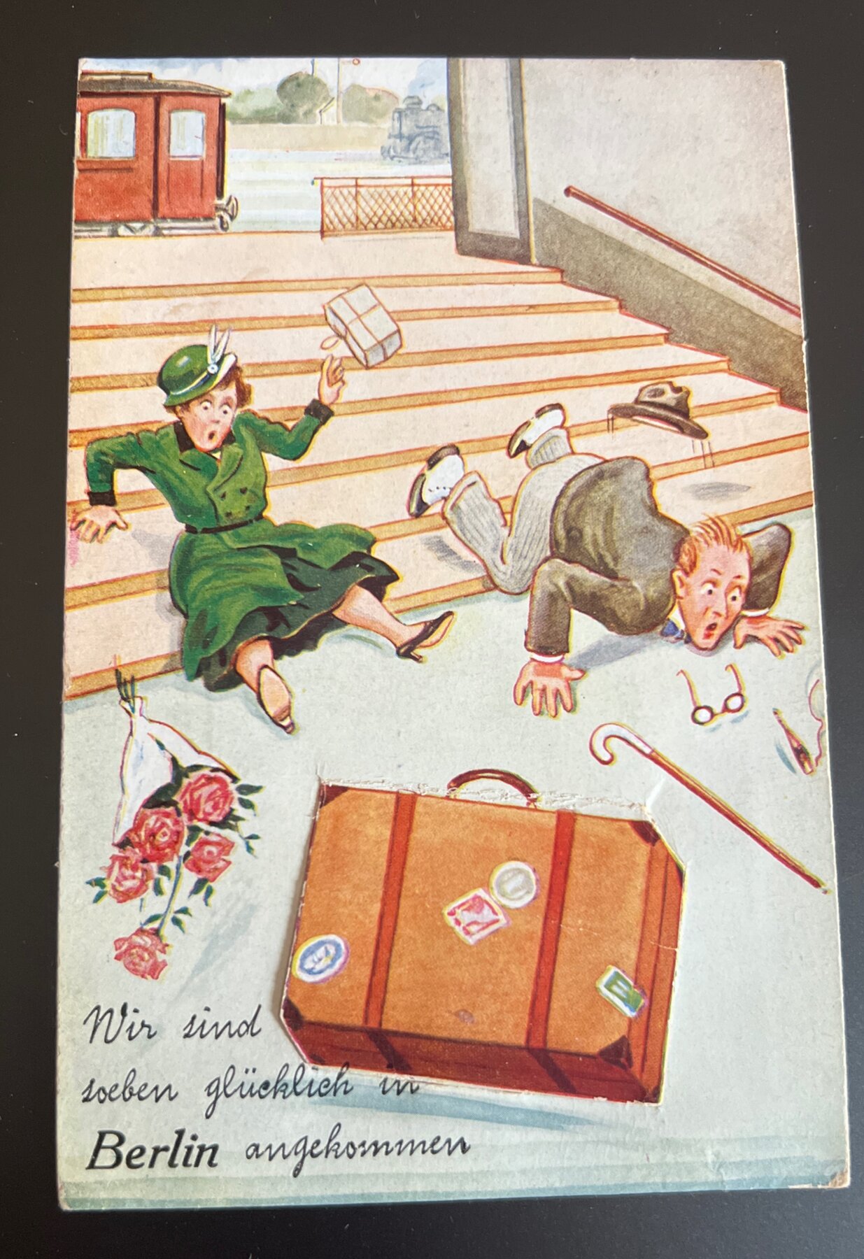 Postcard 1930s Berlin Germany Comic Arrival Scene Novelty Pull-Out Miniature Views