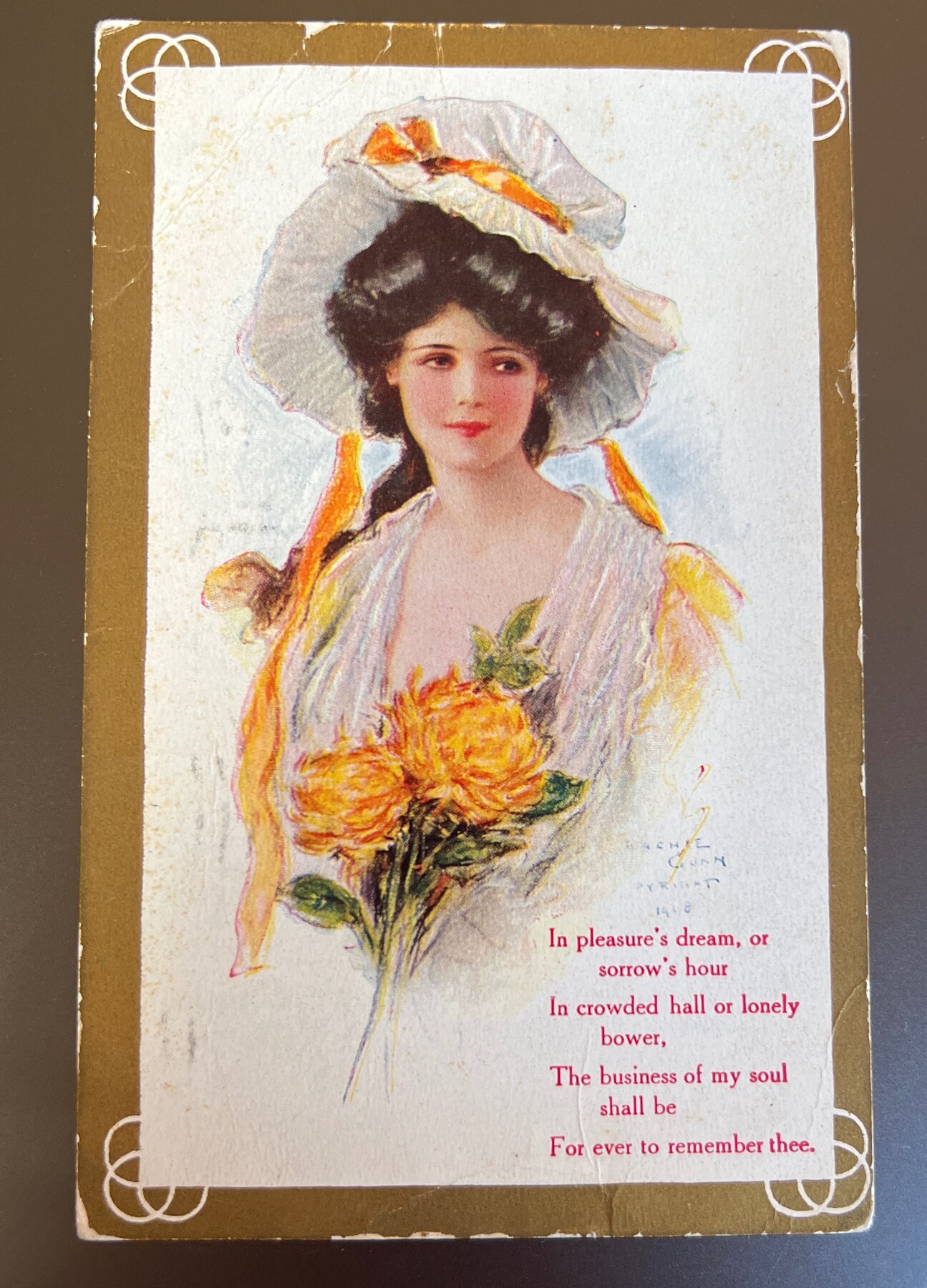 Postcard 1908 Artist Raphael Gunn Portrait Lady Yellow Roses Bonnet Edwardian