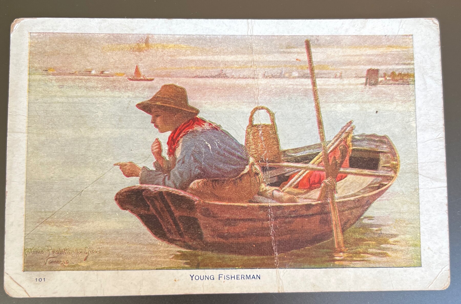 Postcard 1912 Young Fisherman Art Repro Venice Painting Becket OH RPPC