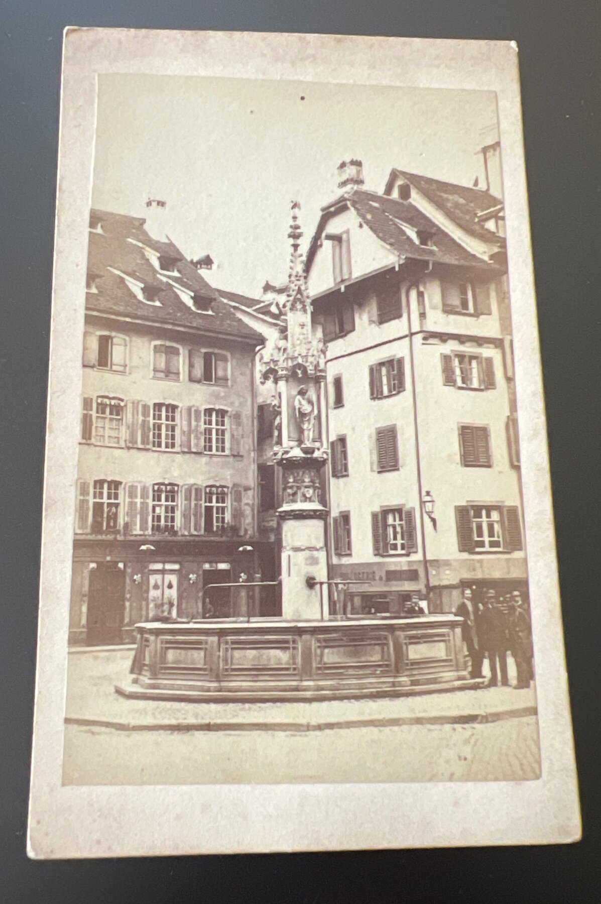Postcard CDV c1870s Basel Switzerland Fountain Square Varady & Co RPPC CdV