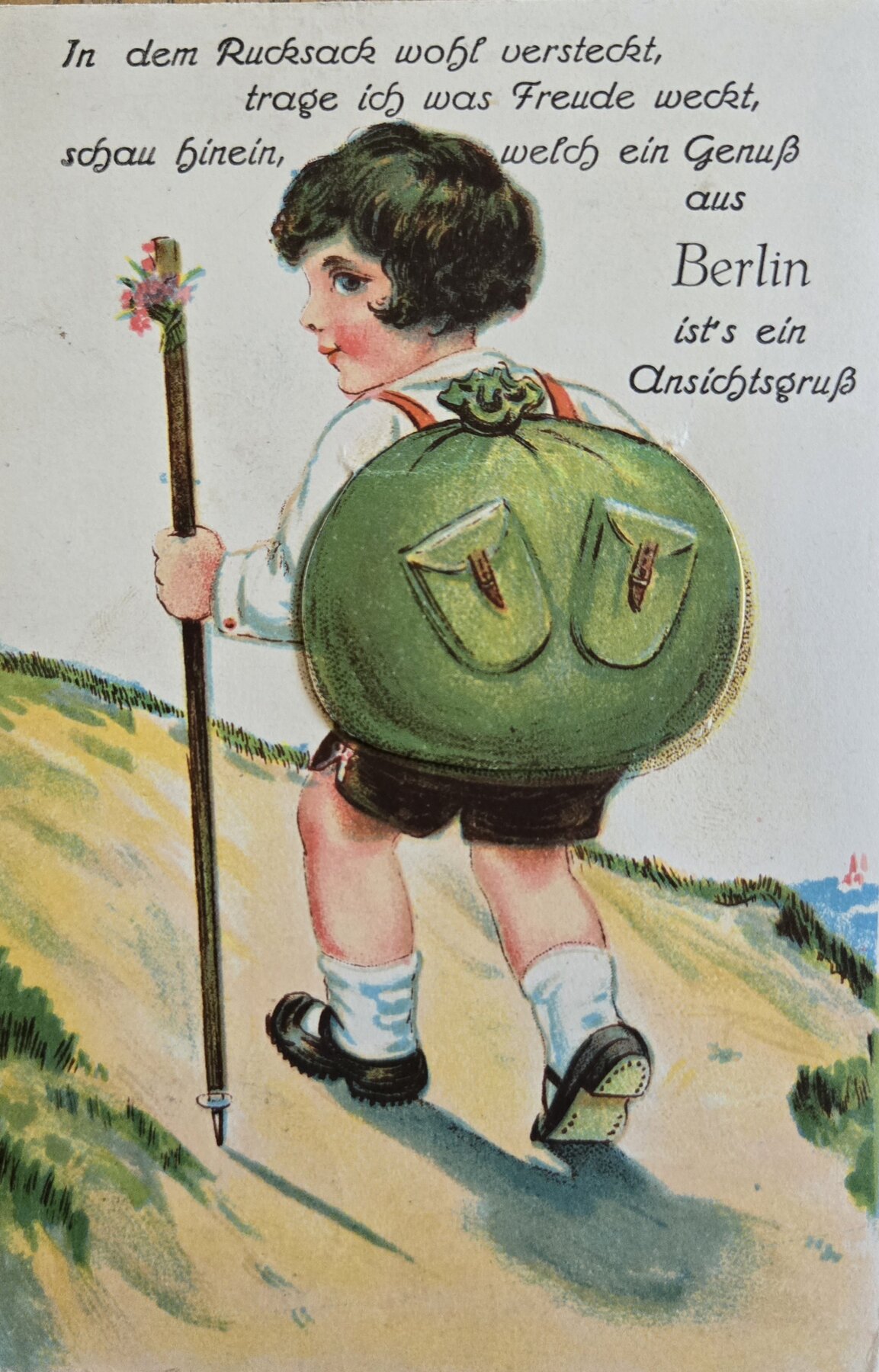 Berlin Novelty Leporello Backpack Boy 10 Views Postcard 1930s