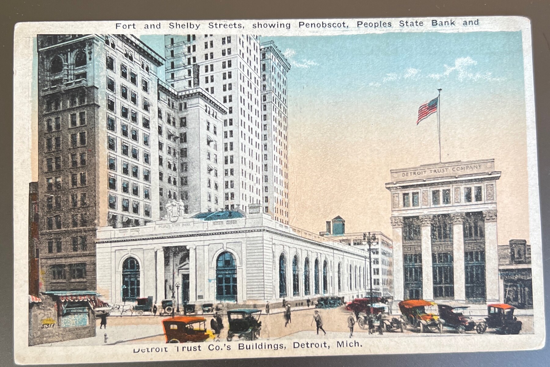 Postcard 1919 Detroit MI Fort Shelby St Penobscot Peoples State Bank Linen