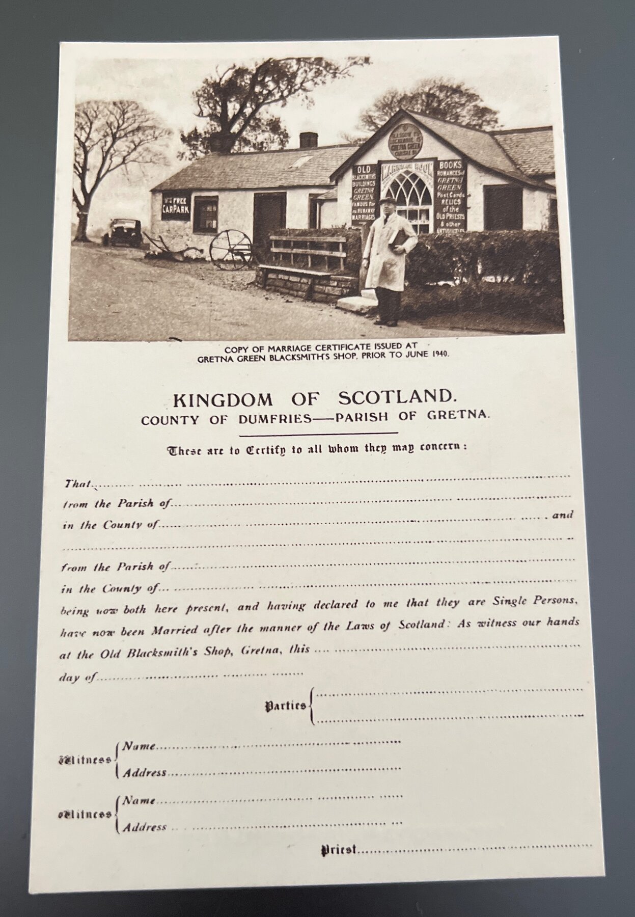 Postcard 1930s Gretna Green Old Blacksmith's Shop Scotland Marriage Certificate