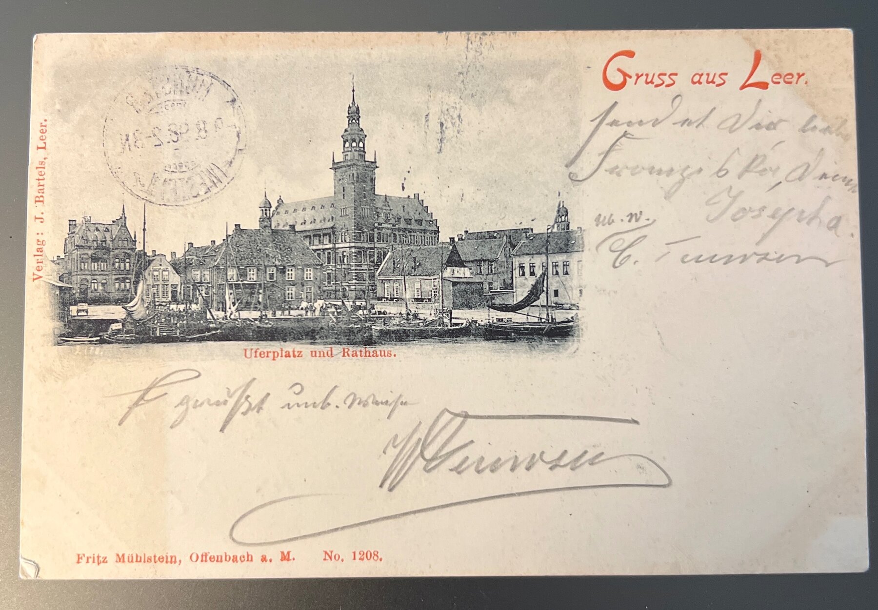 Postcard 1898 Gruss aus Leer Germany Uferplatz Rathaus Harbor Undivided Back