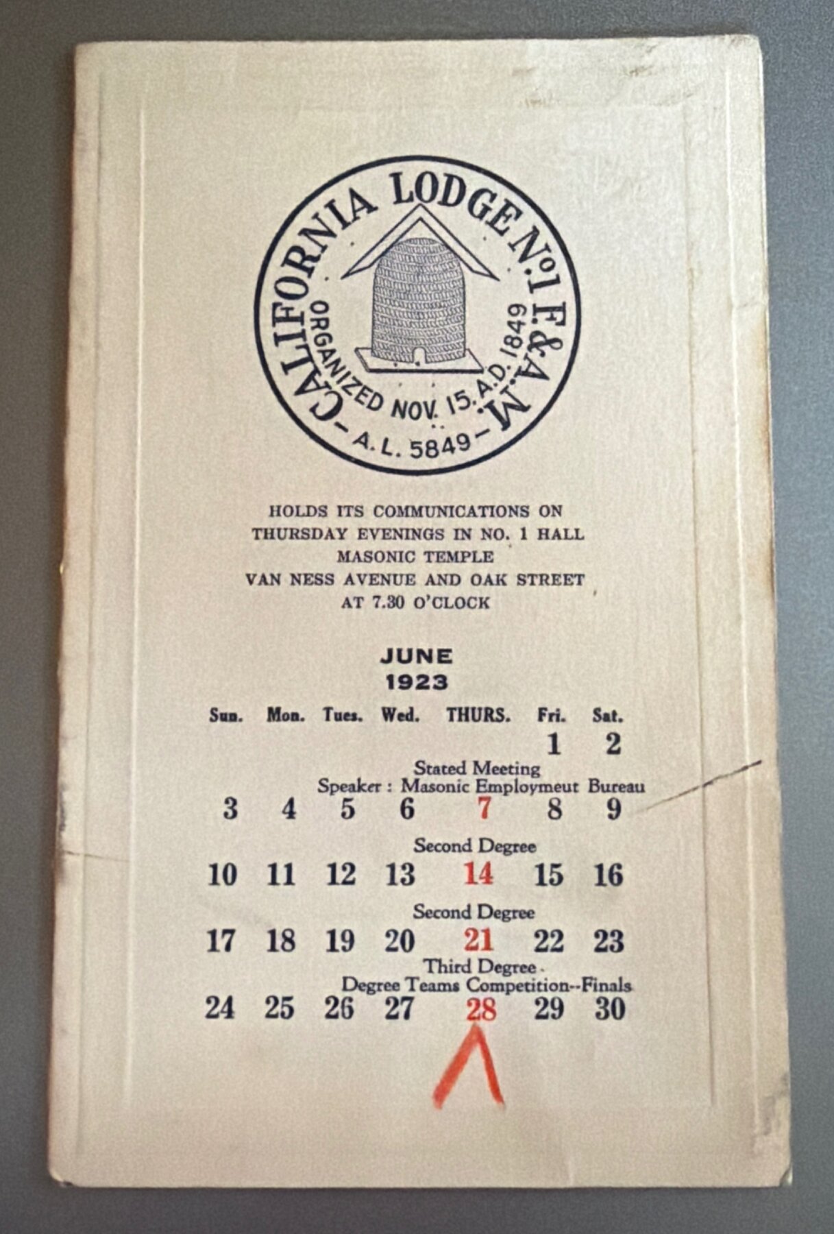 Postcard 1923 California Lodge No.1 F&AM Masonic San Francisco June Bulletin