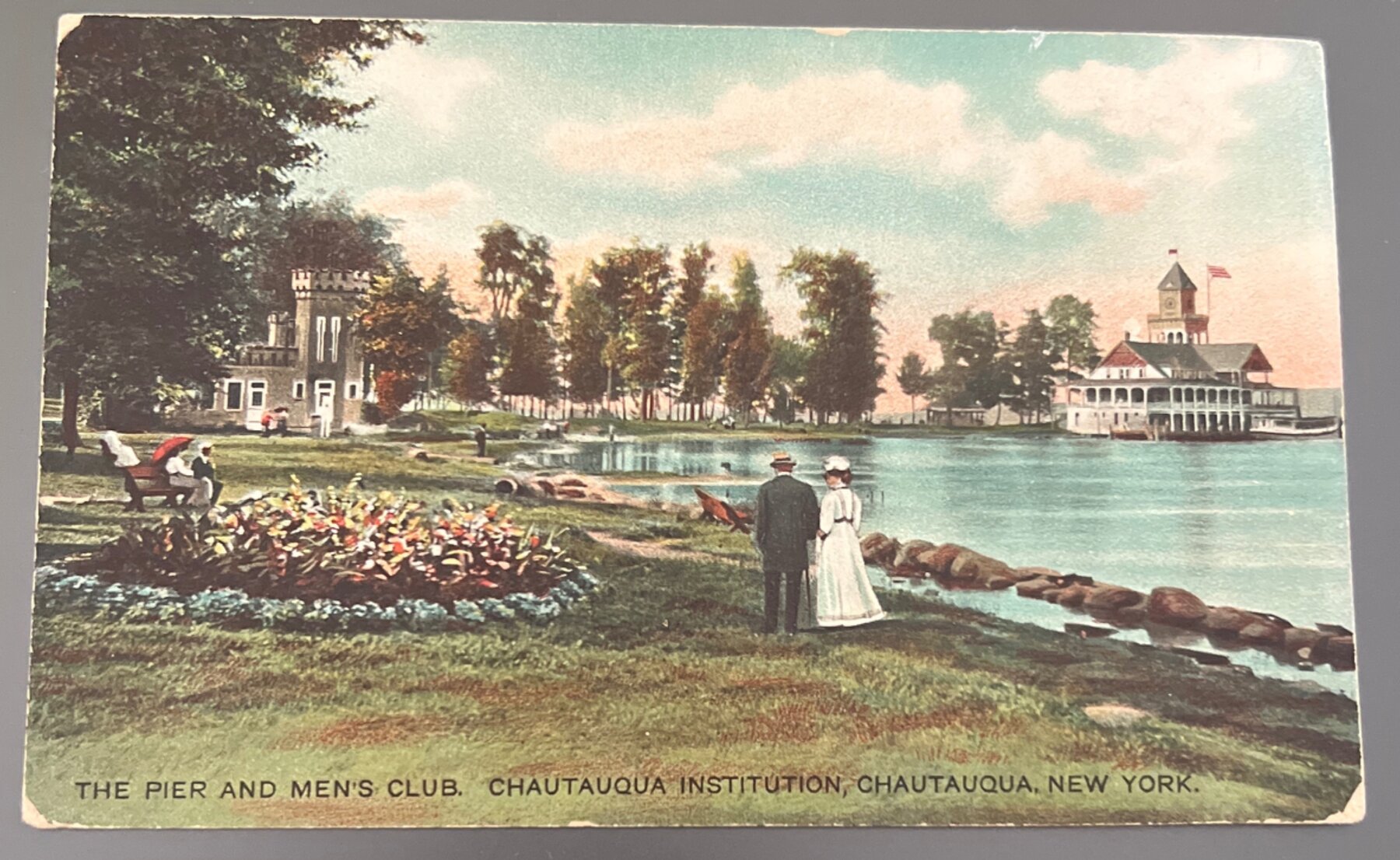 Postcard c1908 Chautauqua Institution NY Pier Men's Club Lake Couple UDB