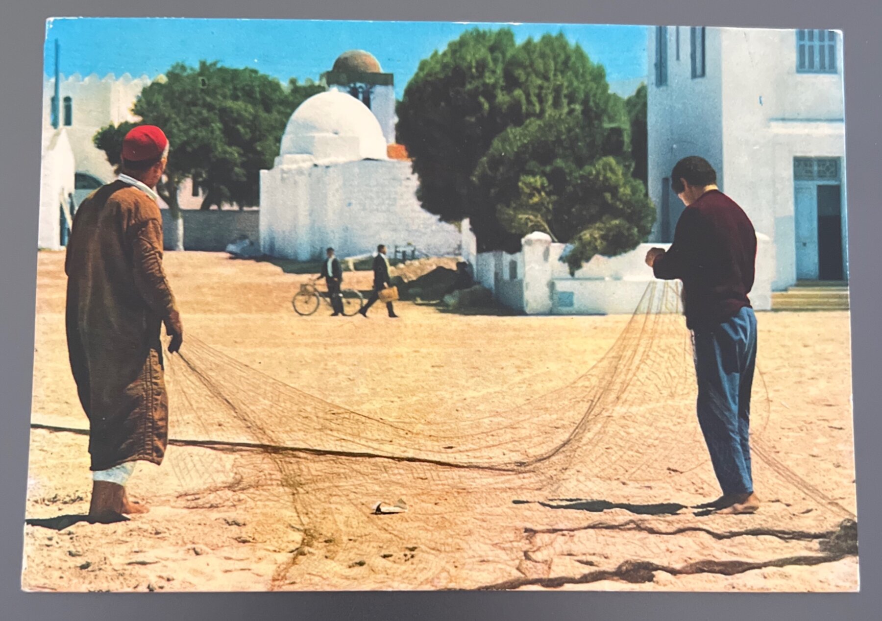 Postcard 1969 Chrome Hammamet Tunisia Fishermen Net Hotel Park Plage