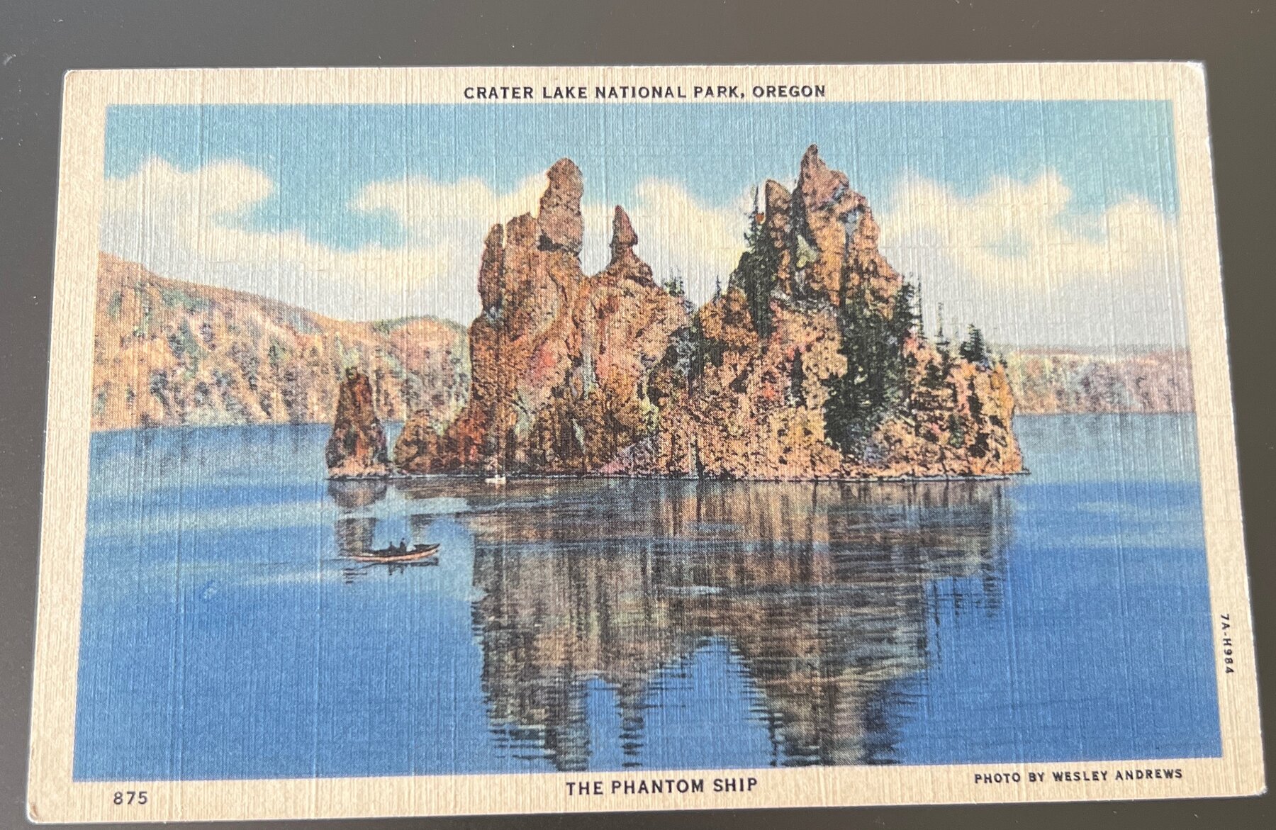Postcard Phantom Ship Crater Lake Oregon Linen c1935 Wesley Andrews Unused