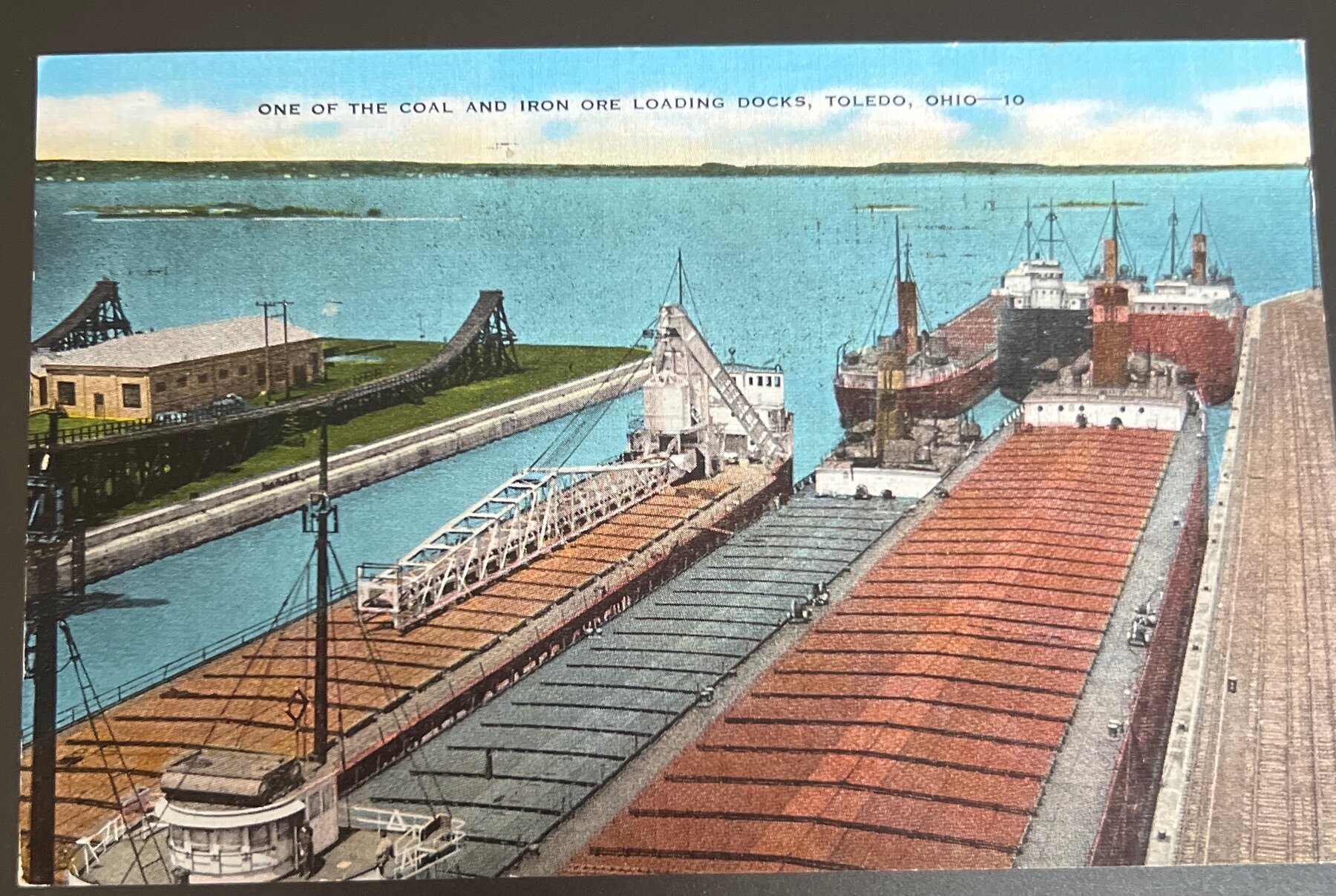 Postcard 1953 Linen Coal Iron Ore Loading Docks Toledo Ohio Harbor Ships