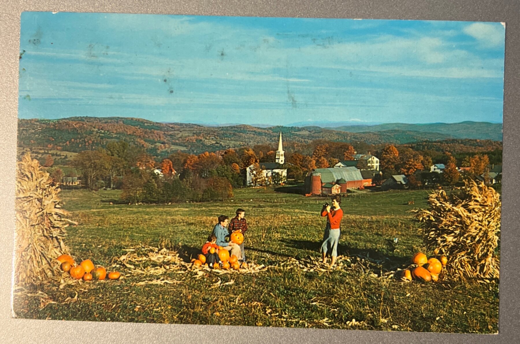 Postcard Peacham VT Fall Harvest Chrome 1977 Pumpkins Aerial Village View