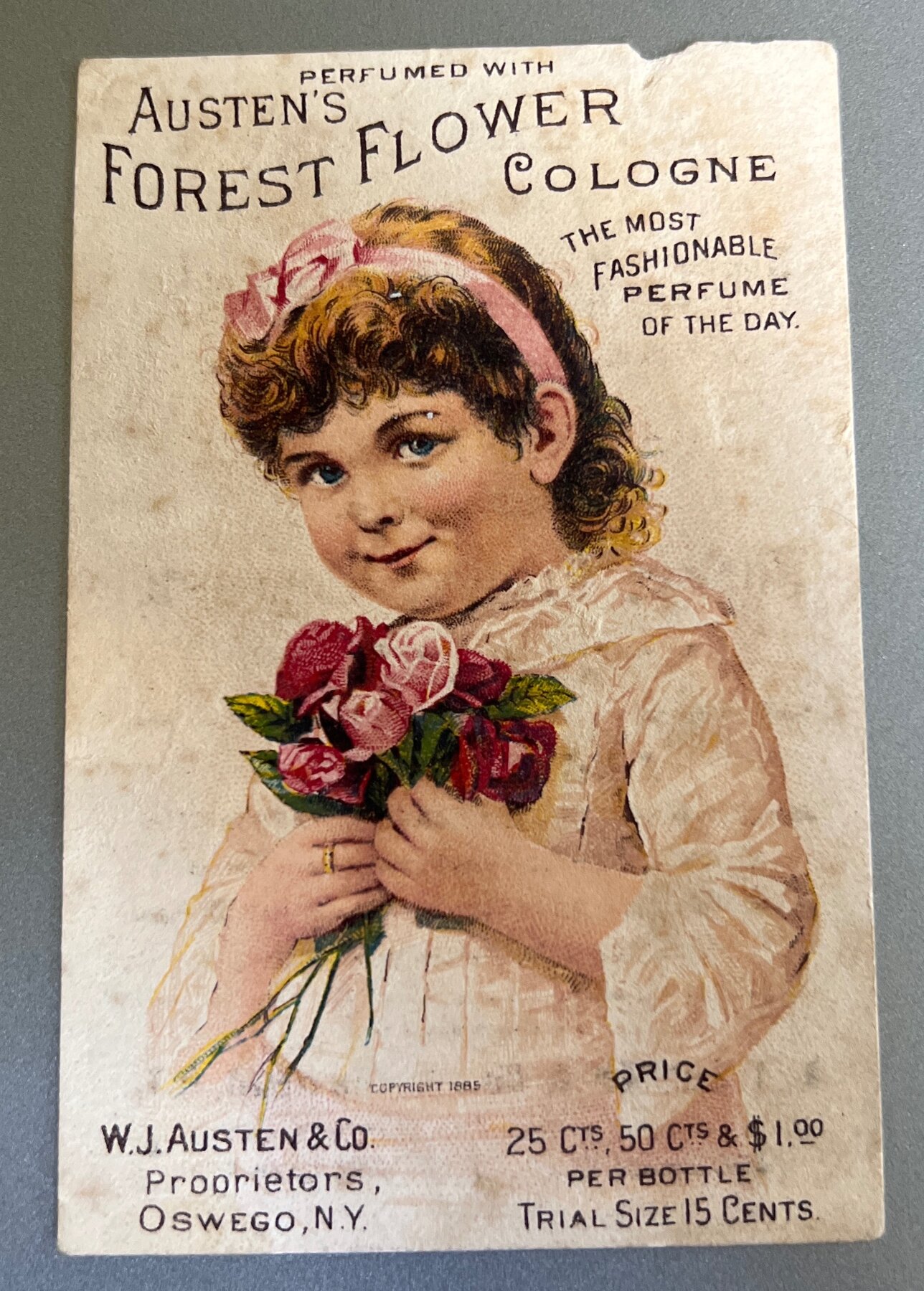 Postcard 1885 Austen's Forest Flower Cologne Victorian Trade Card Girl Roses