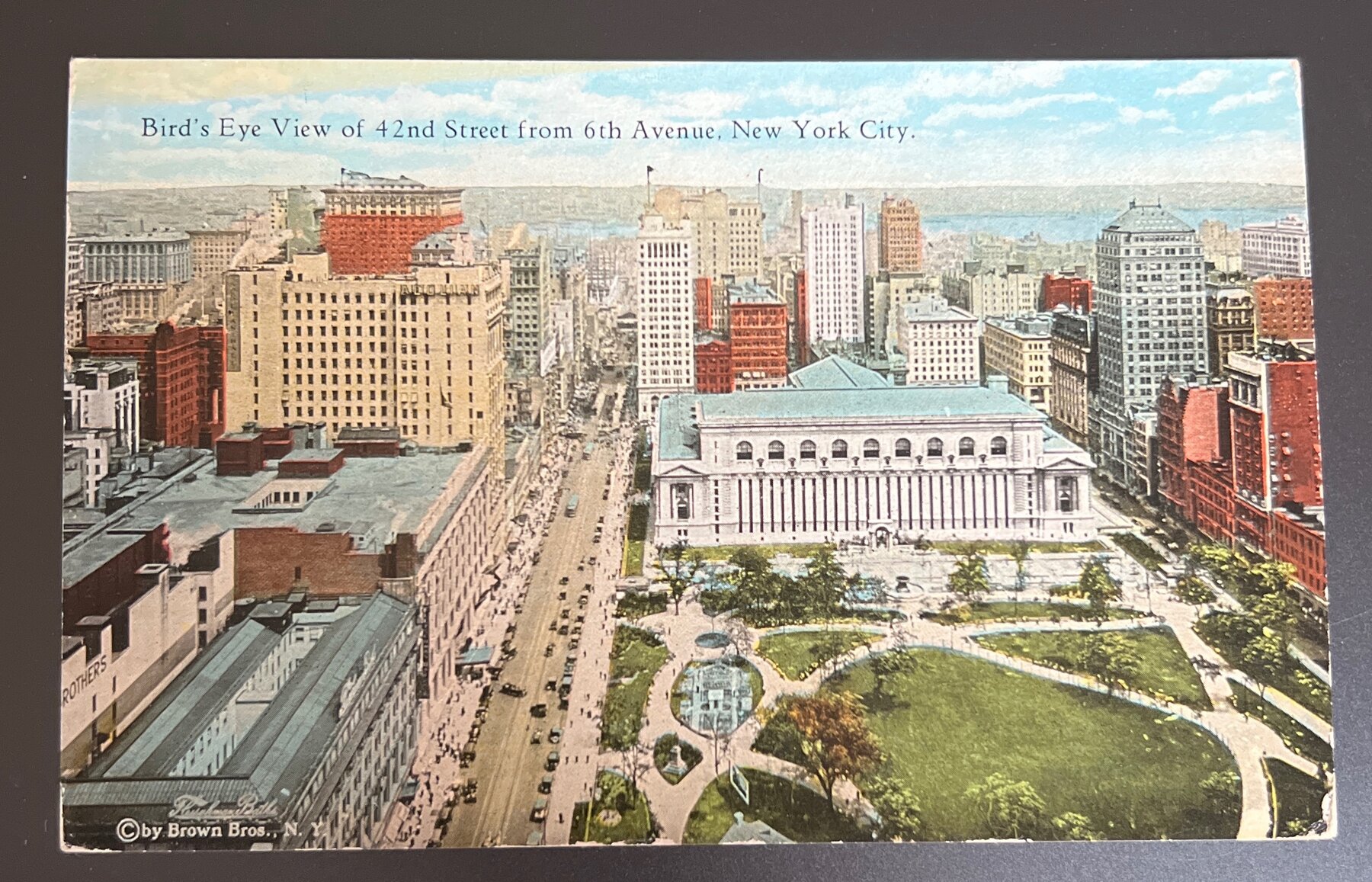 Postcard 1920s NYC 42nd St 6th Ave Bird's Eye View Linen NY Public Library