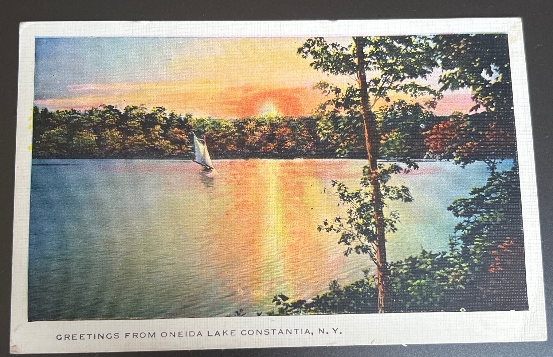 Postcard 1920s Oneida Lake Constantia NY Sunset Sailboat Linen Tichnor Bros