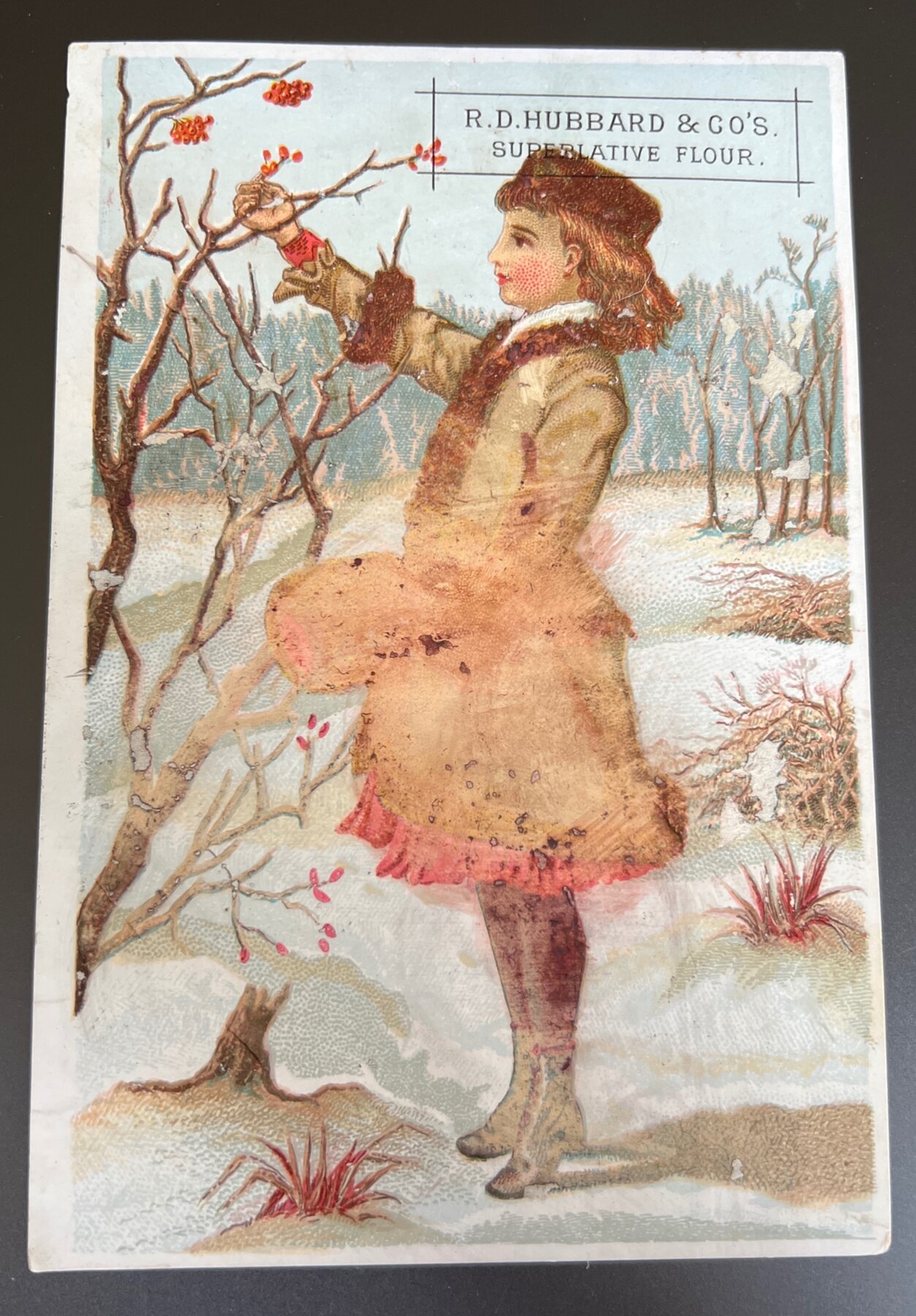 RD Hubbard Co Superlative Flour Trade Card 1880s Mankato MN Girl Winter Postcard