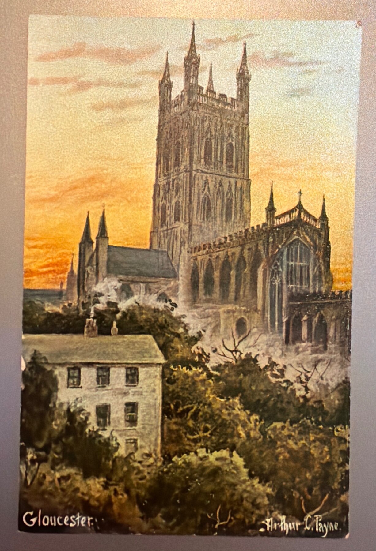 Postcard 1902 Gloucester Cathedral Sunset Arthur Payne Art S. Hildesheimer