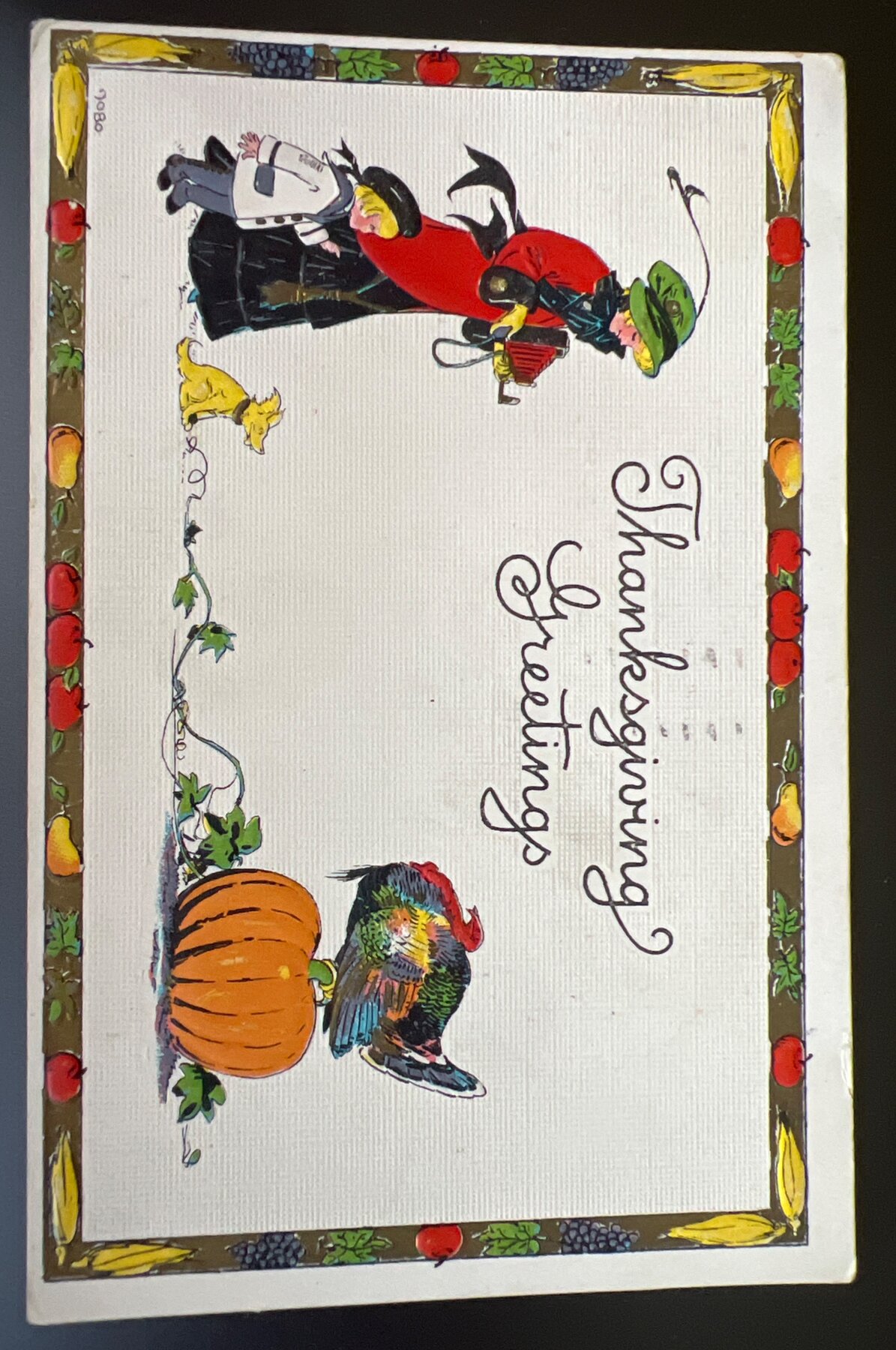 Thanksgiving Greetings Pilgrim Turkey Pumpkin Embossed Postcard 1915