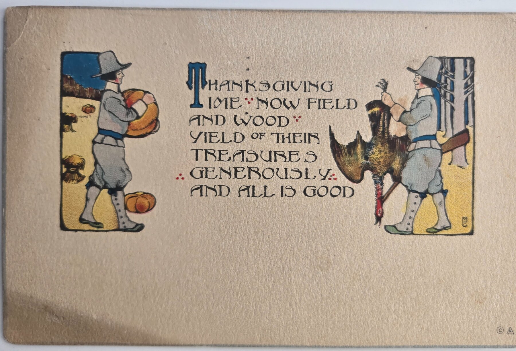 Thanksgiving Pilgrims Turkey Greeting Postcard Washington DC 1917