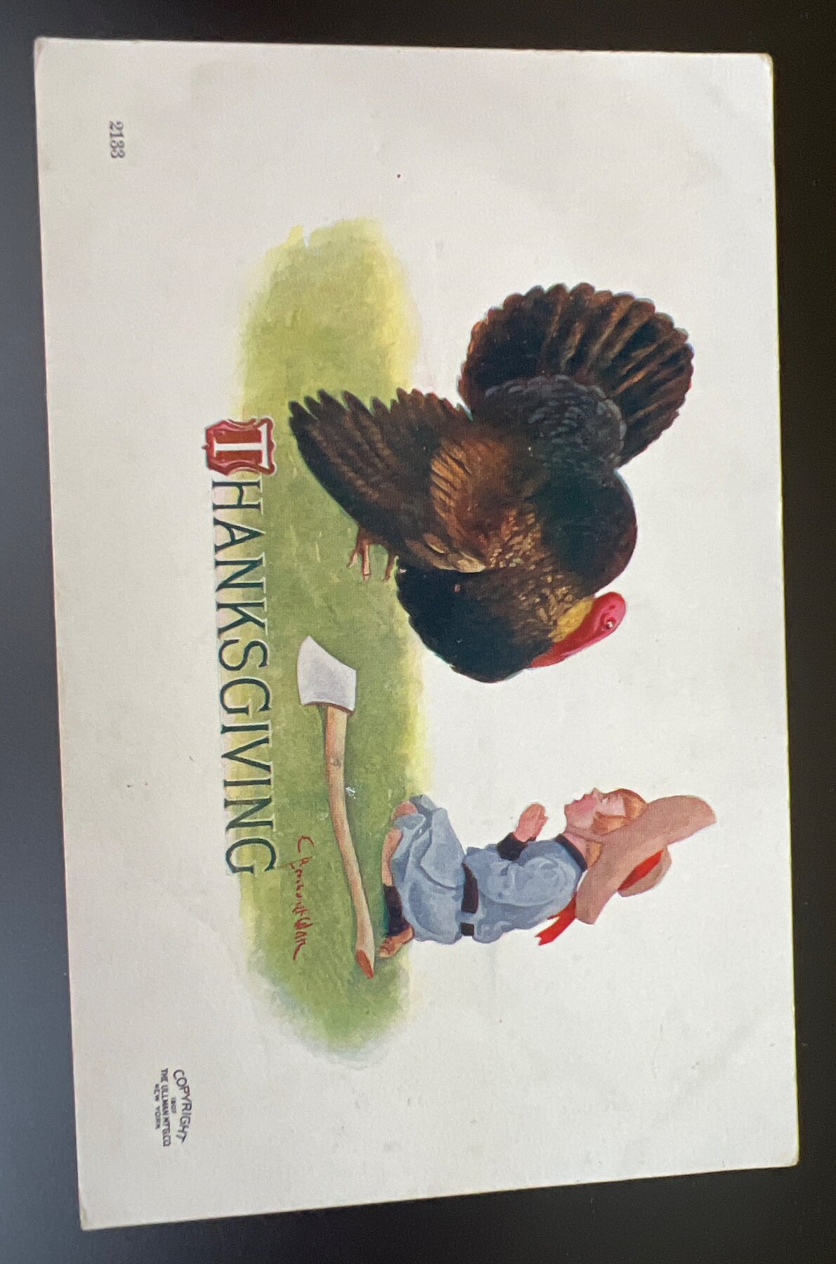 Thanksgiving Turkey Boy Axe Ullman Mfg Series 85 Humor Postcard 1910