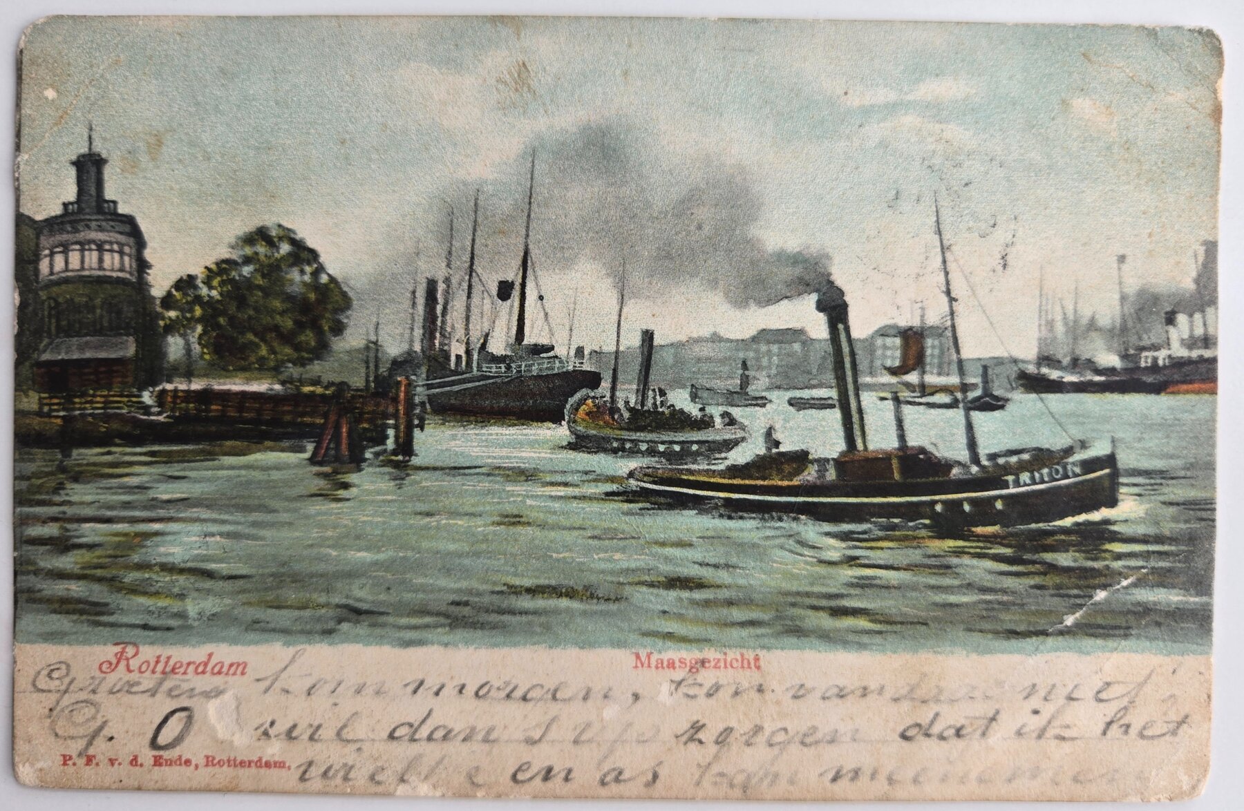 Rotterdam Maasgezicht Harbor Tugboat Triton Netherlands Postcard 1903