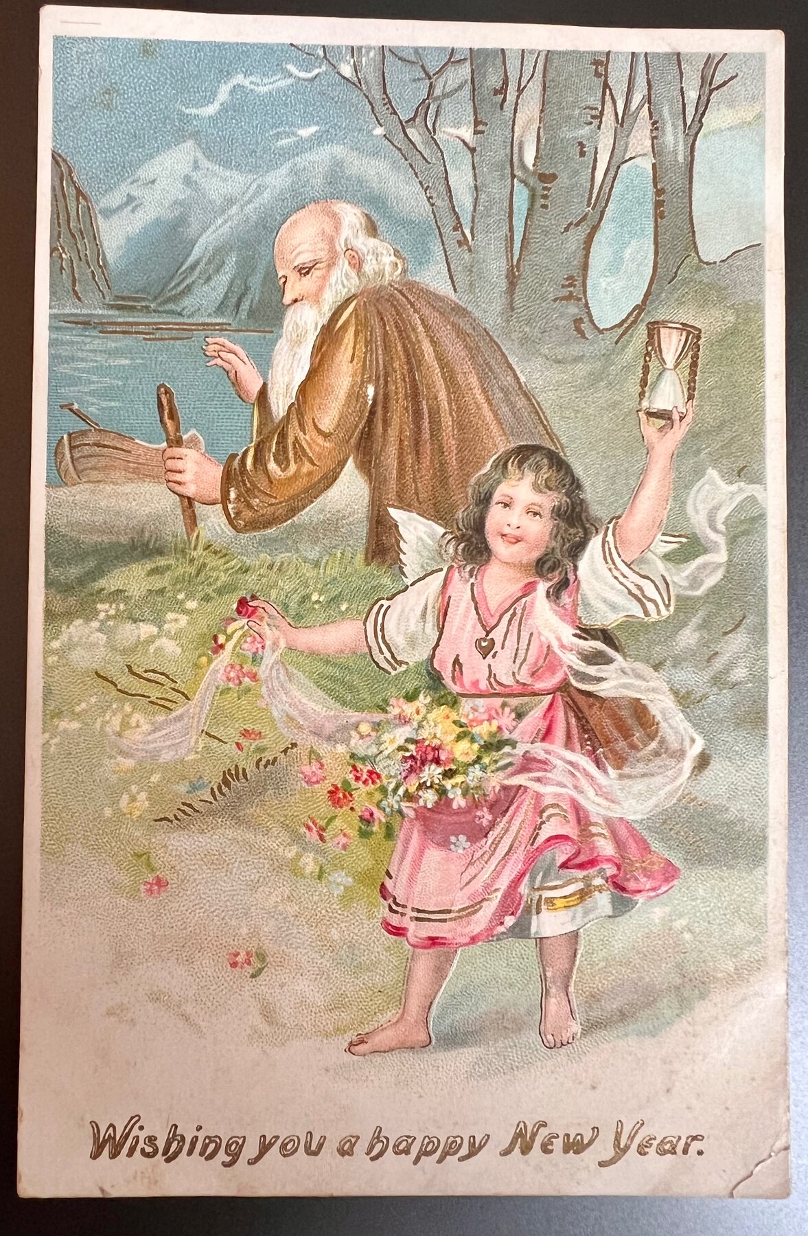 New Year Old Father Time Angel Hourglass Flowers Tuck Postcard c1905