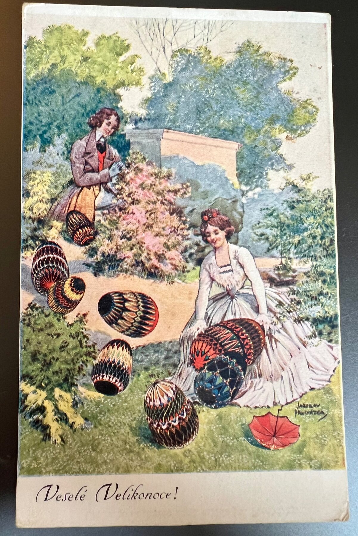 Czech Easter Veselé Velikonoce Kraslice Eggs Procházka Art Postcard c1910