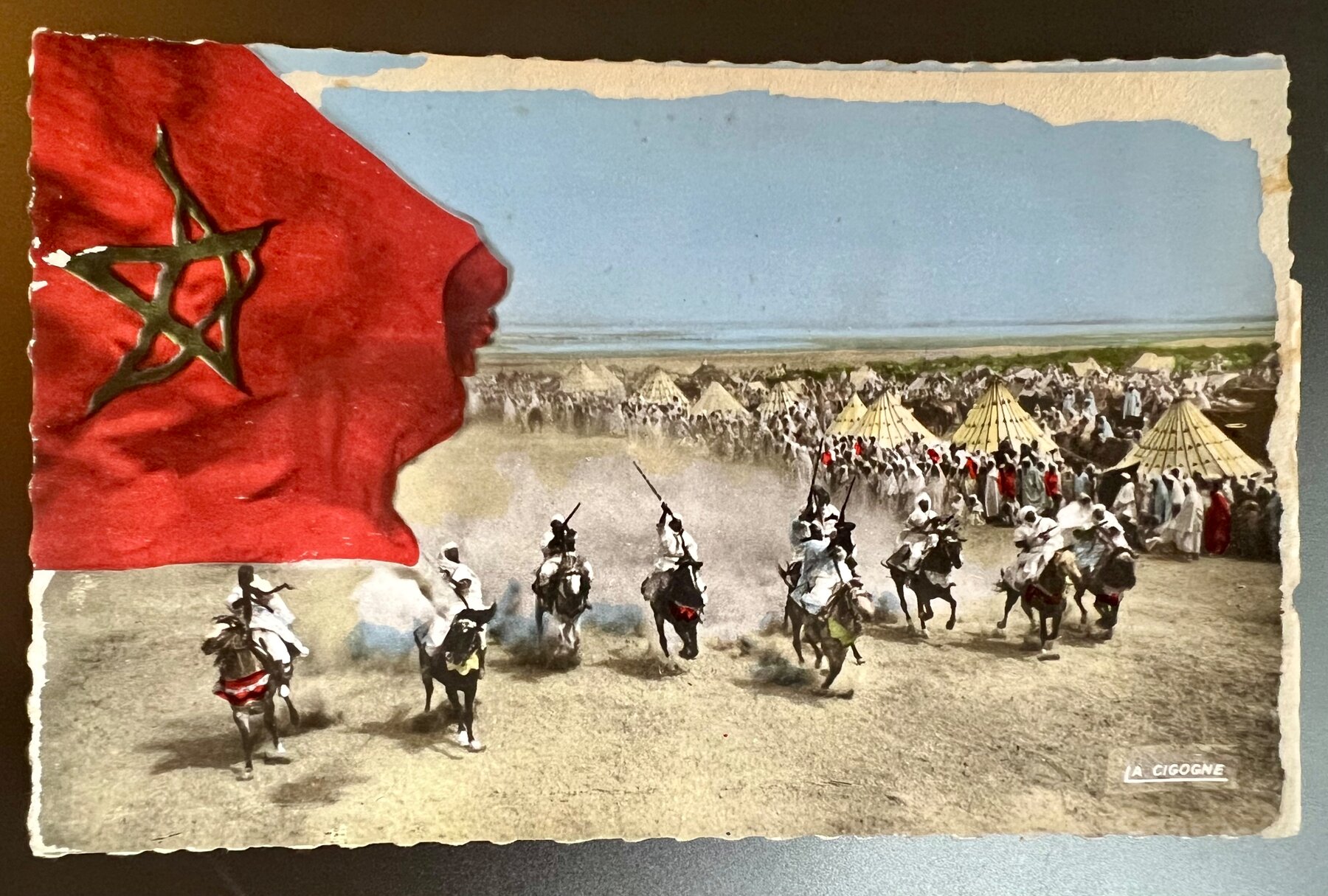 Morocco Fantasia Tbourida Horsemen Moroccan Flag La Cigogne Postcard c1960