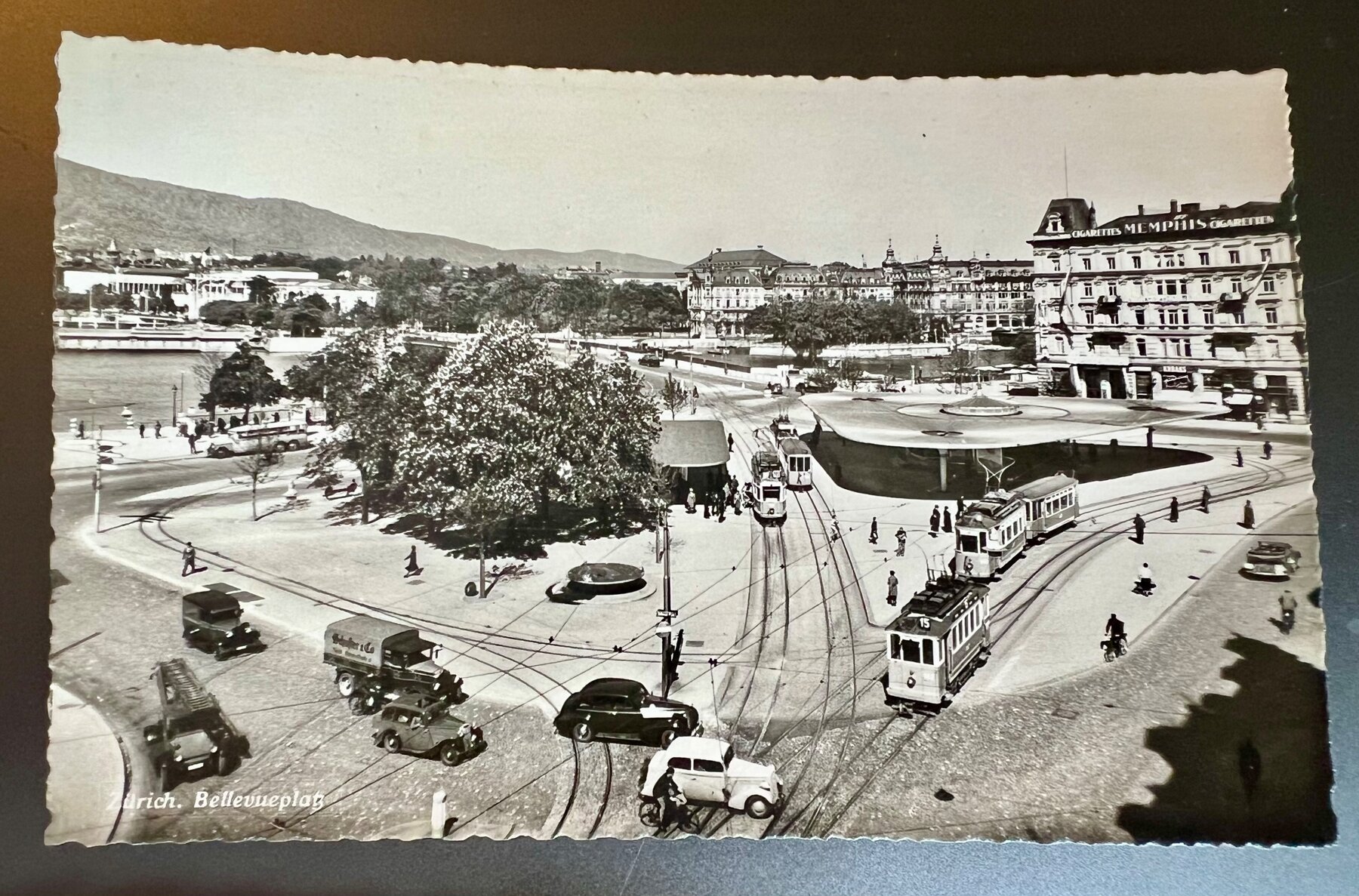 Zurich Bellevueplatz Trams Period Automobiles Photoglob Postcard c1945