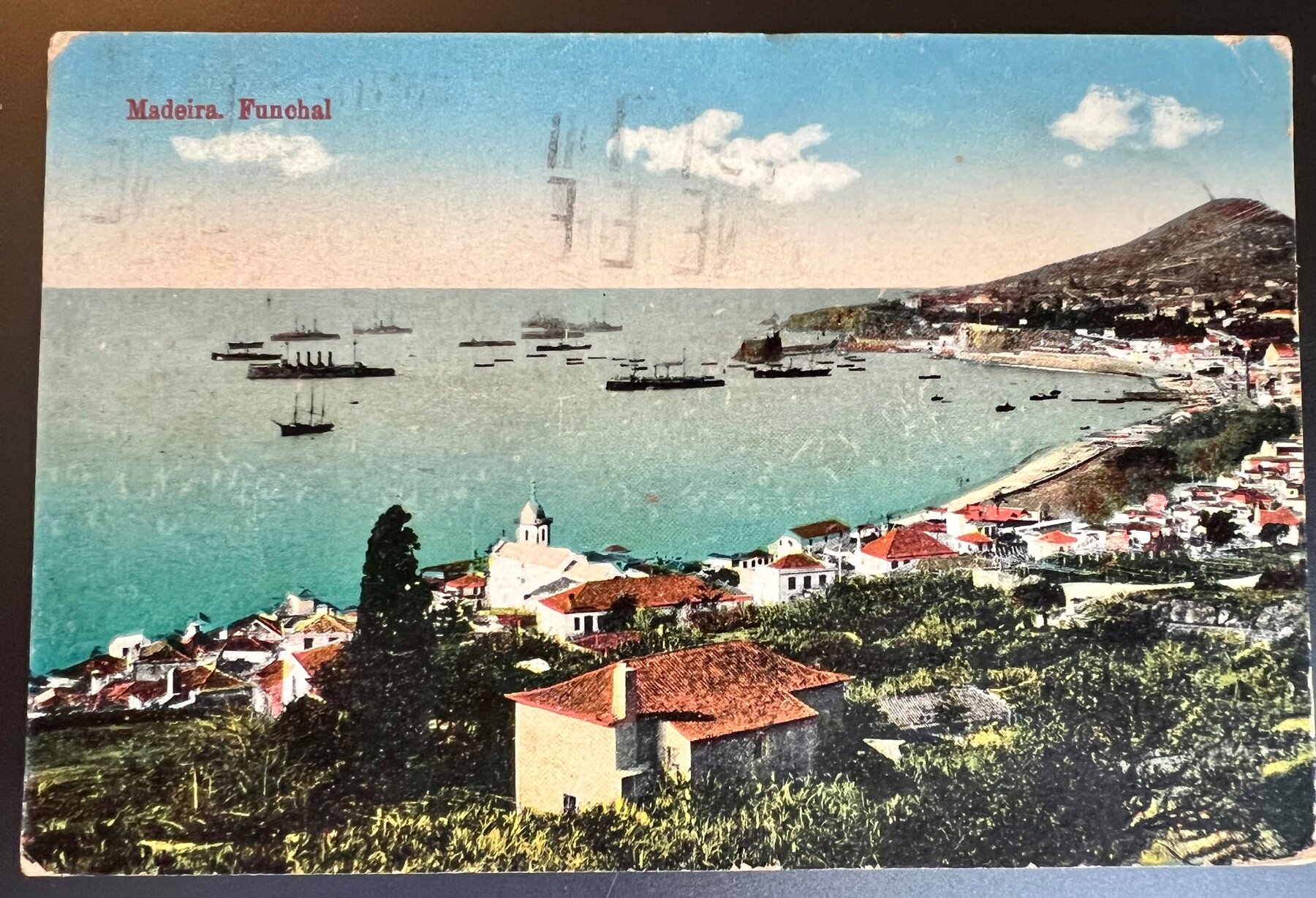 Madeira Funchal Harbor Warships South Africa Stamps PAQUEBOT Postcard 1913