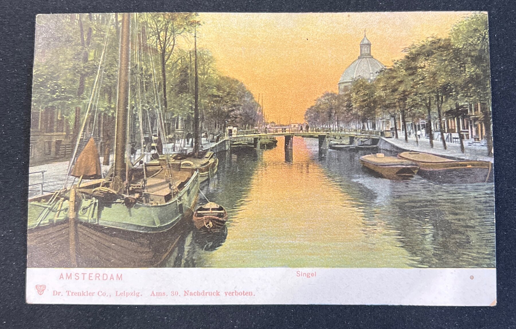 Hand-Colored Amsterdam Singel Canal Sailboats Netherlands Postcard c1902